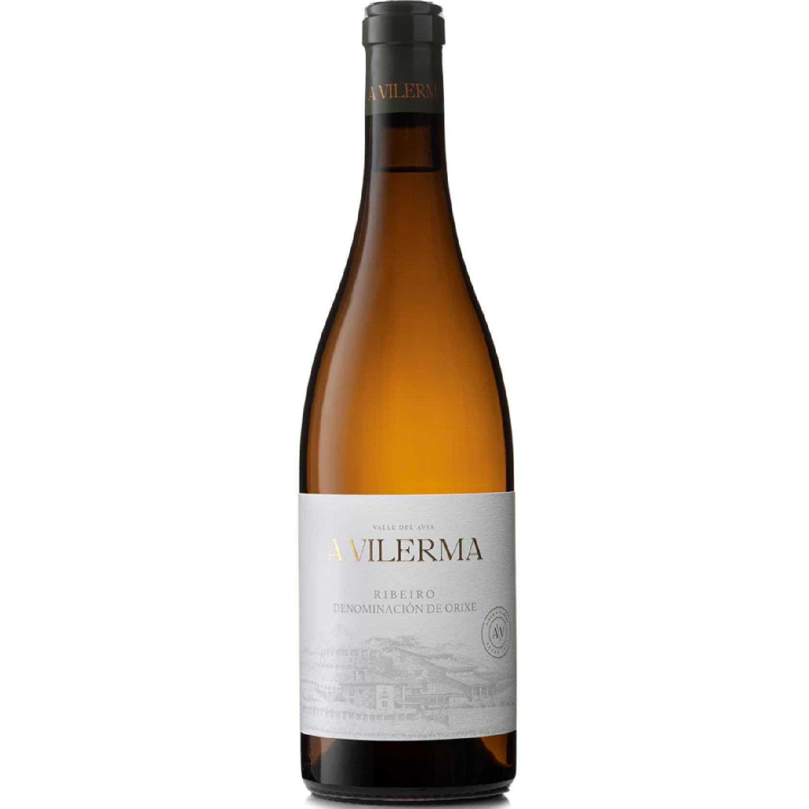Bottle of A Vilerma 2023 white wine from DO Ribeiro, Galicia, showing elegant label with vineyard and native grape varieties. Fresh and mineral Spanish white wine.