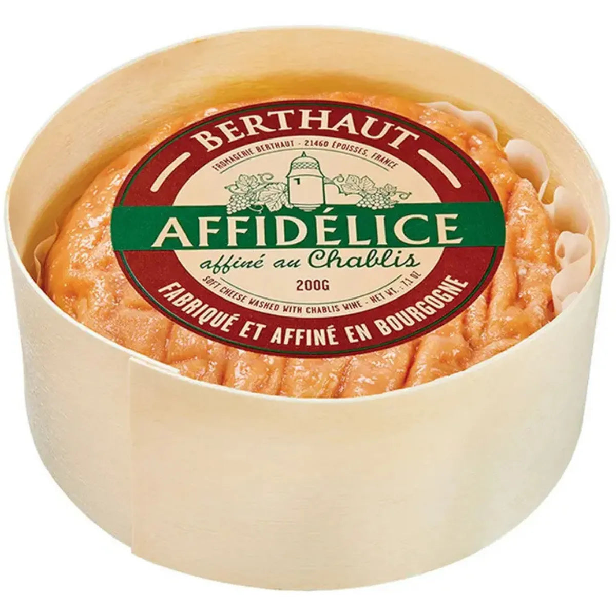 Affidélice Affiné au Chablis by Berthaut, a washed-rind cow’s milk cheese from Burgundy, aged with Chablis wine for a rich, creamy texture and a bold, aromatic flavor. This gourmet French cheese offers a perfect balance of tangy and fruity notes, making it ideal for cheese lovers seeking unique taste experiences. Perfect for a cheese platter, pairing with white wine or rustic bread. Available online and in stores.