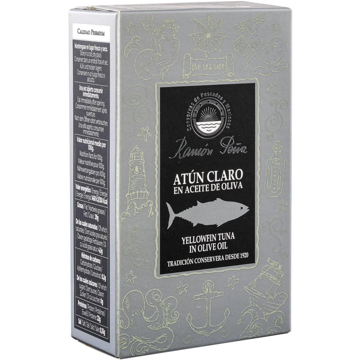 Ramon Peña's Yellowfin Tuna in olive oil tin, open to reveal succulent tuna chunks. Served on toasted bread and in a colorful Mediterranean salad, showcasing its versatility.