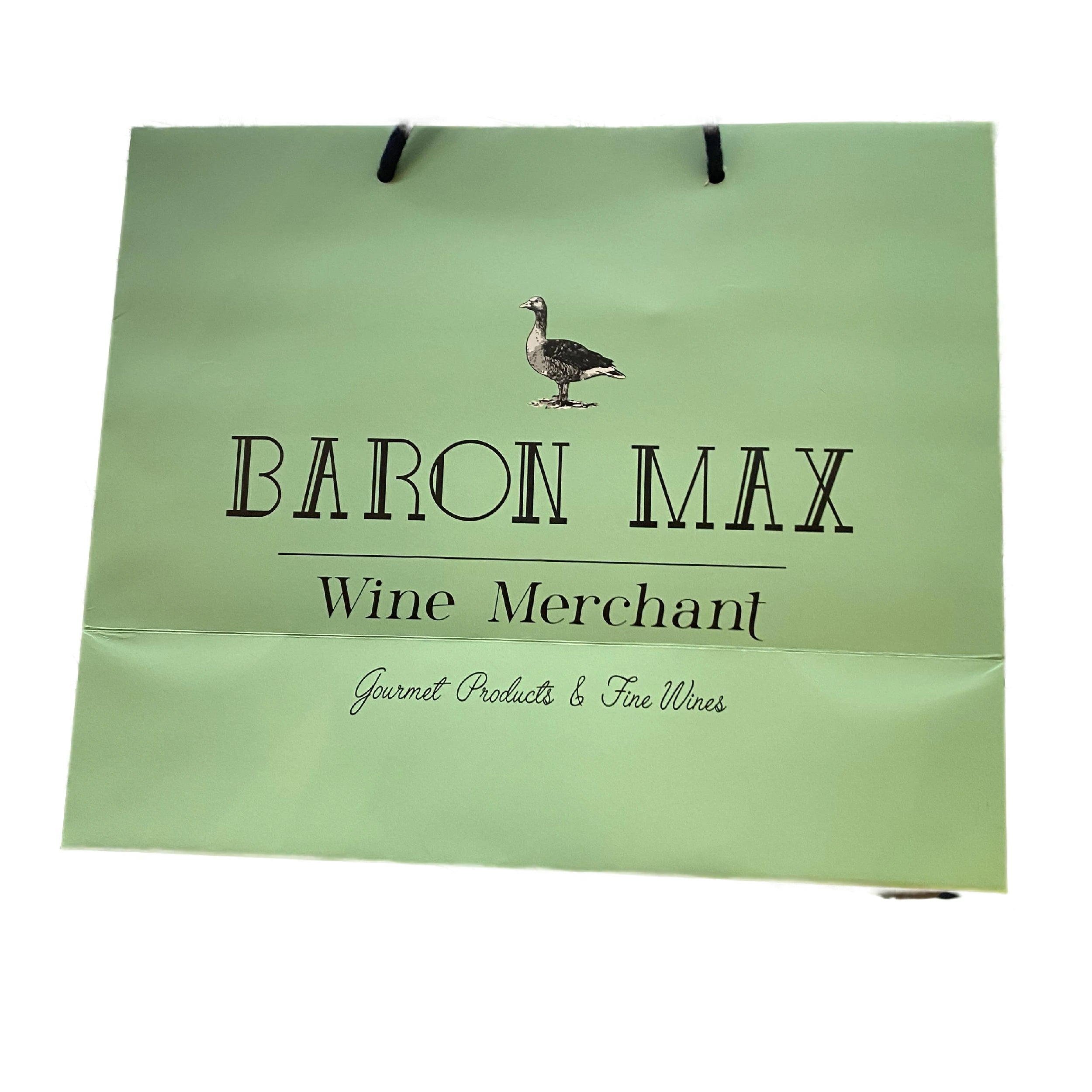 Baron Max Wine Merchant bag: Elegant pastel green bag with goose logo, ideal for carrying your fine wines and gourmet products. Sturdy navy handles, refined design for a top-of-the-range shopping experience.