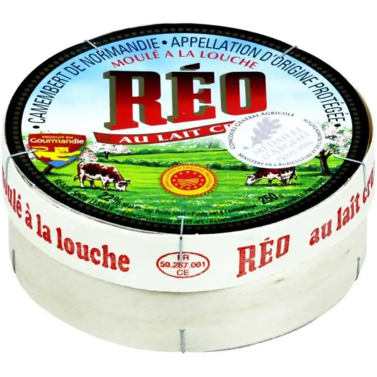 Authentic Camembert de Normandie PDO from Fromagerie Réo, crafted in Lessay since 1931. This 250g wheel features a creamy center and delicate bloomy rind, hand-ladled from raw milk using time-honored Norman methods.