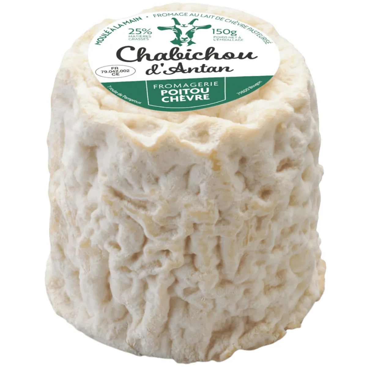 Close-up of Chabichou du Poitou, a creamy artisanal goat cheese with a bloomy rind and conical shape, ideal for cheese boards.