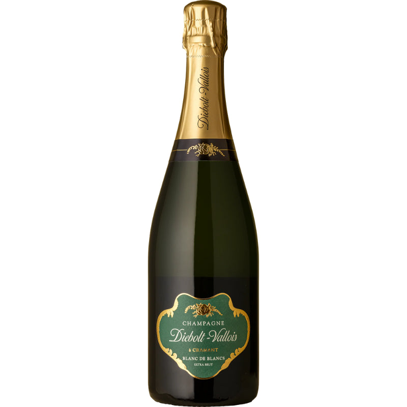 Bottle of Diebolt-Vallois Blanc de Blancs Champagne – elegant French sparkling wine made exclusively from Chardonnay grapes, with a refined label and golden hues.