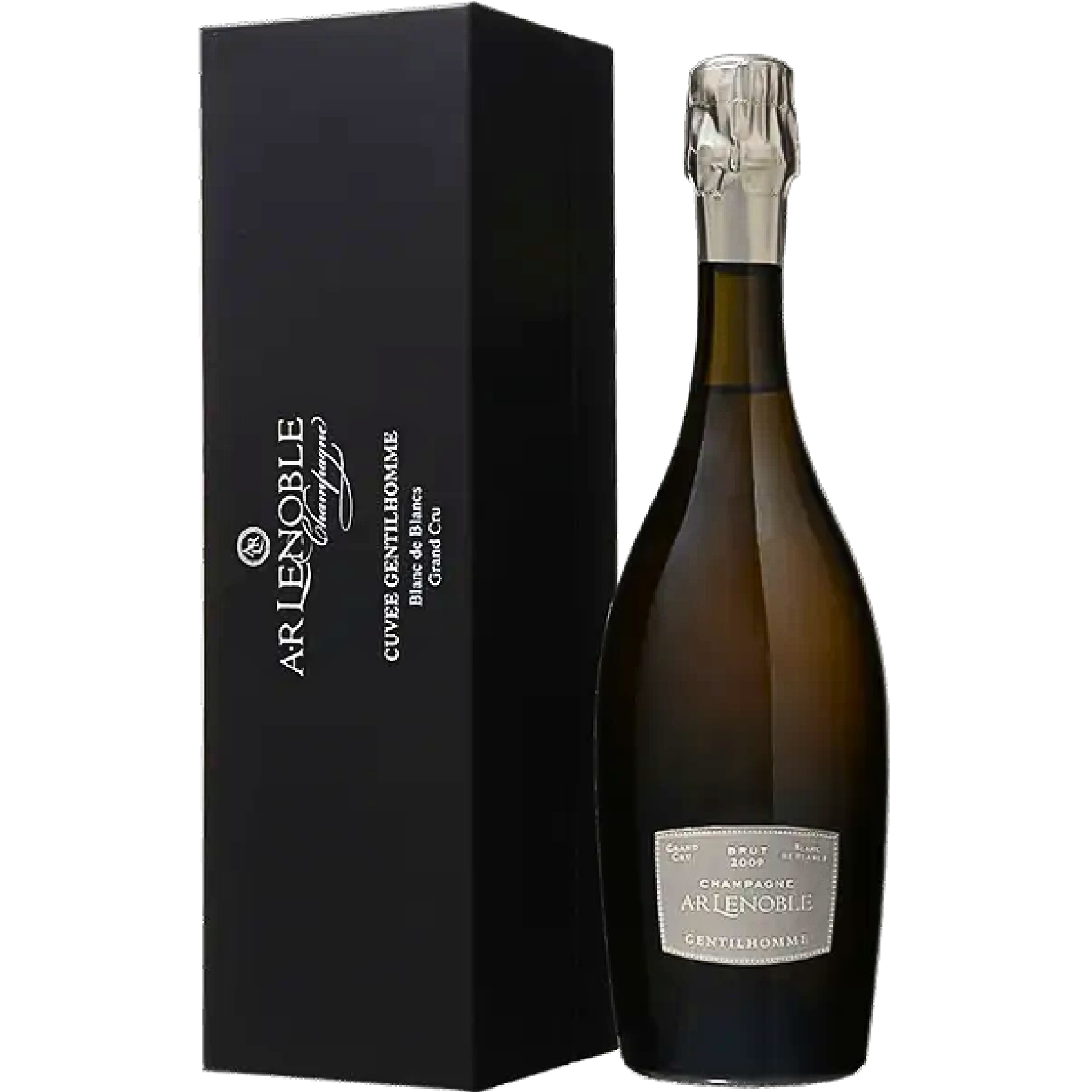 Bottle of Le Noble Gentilhomme 2012 Champagne, golden hue with fine bubbles, elegant label, showcasing French craftsmanship and vintage precision.