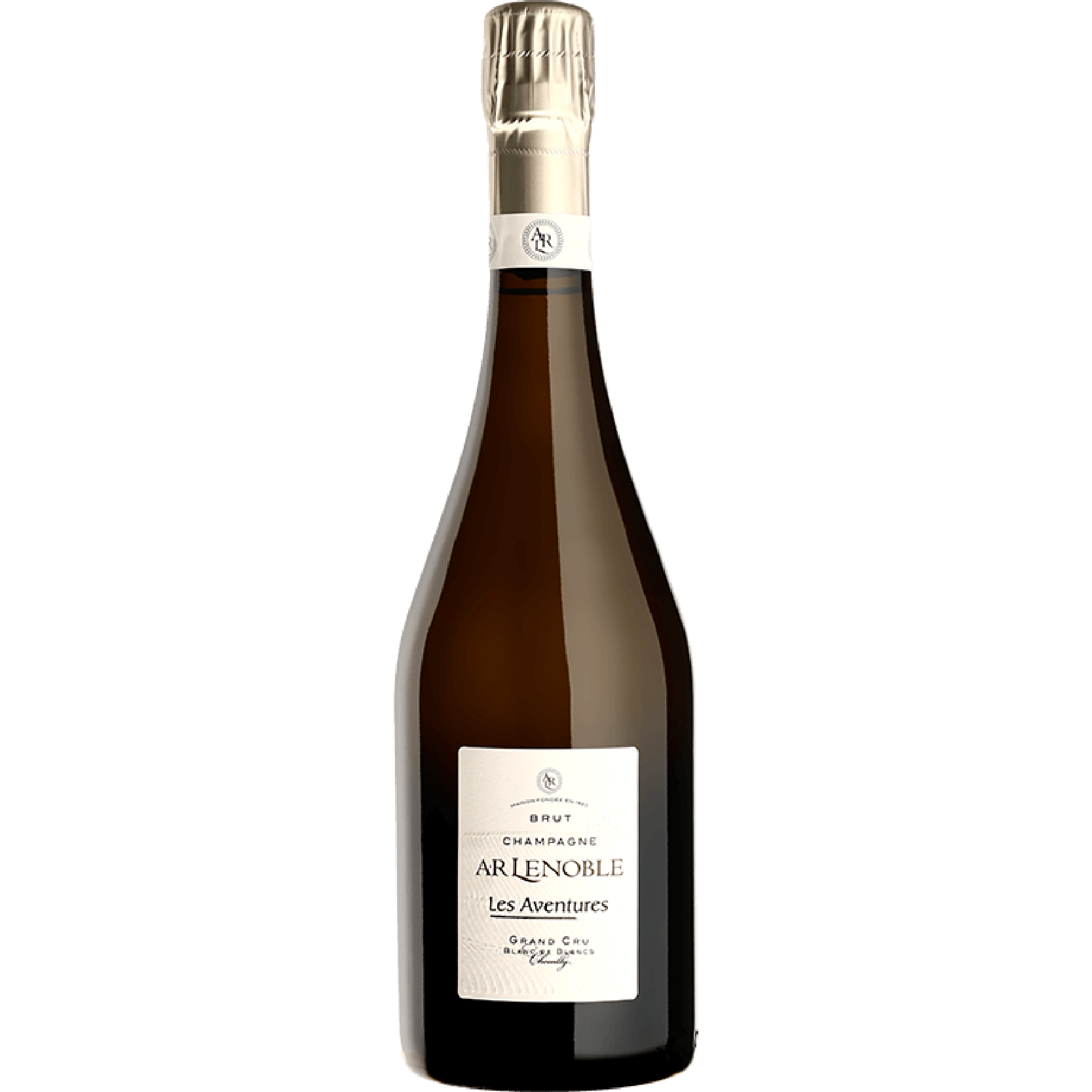 Bottle of Le Noble Les Aventures Grand Cru Brut Champagne, golden hue with fine bubbles, elegant label showcasing French craftsmanship and Grand Cru quality.