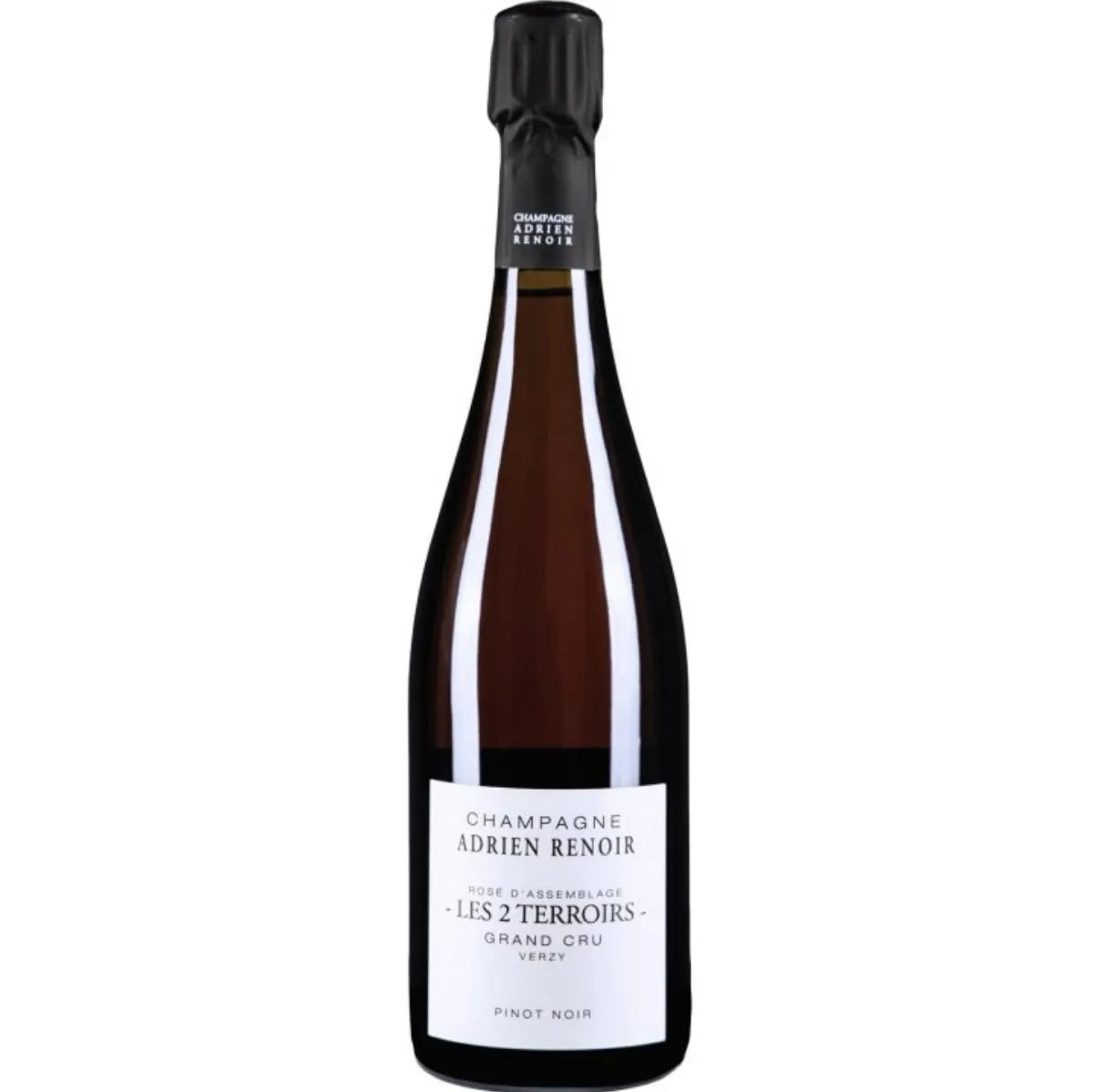 Champagne rosé Les 2 Terroirs d'Adrien Renoir, cuvée Extra-Brut 2,4g/L issue des terroirs de Verzy et Verzenay. Notes de fruits rouges, mandarine et épices, avec bulles fines et finition crayeuse. Assemblage de Pinot Noir 95% et Vin Rouge 5%, millésime 2019 élevé en fût.