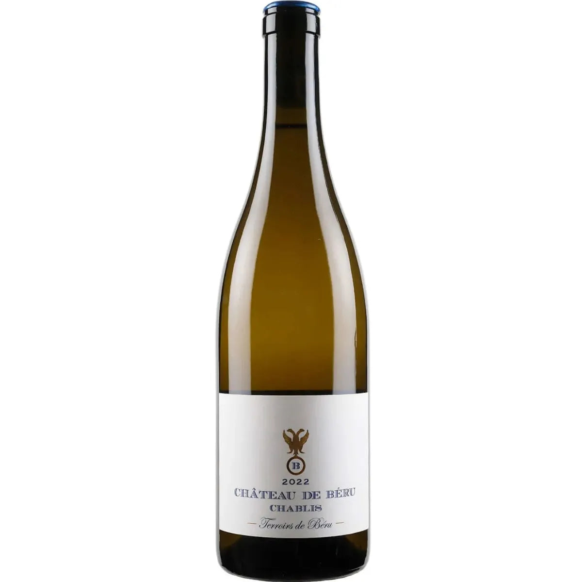 Bottle of Château de Béru Terroirs de Béru Chablis – elegant white Burgundy wine with refined label, showcasing its pale golden color and premium French origin.