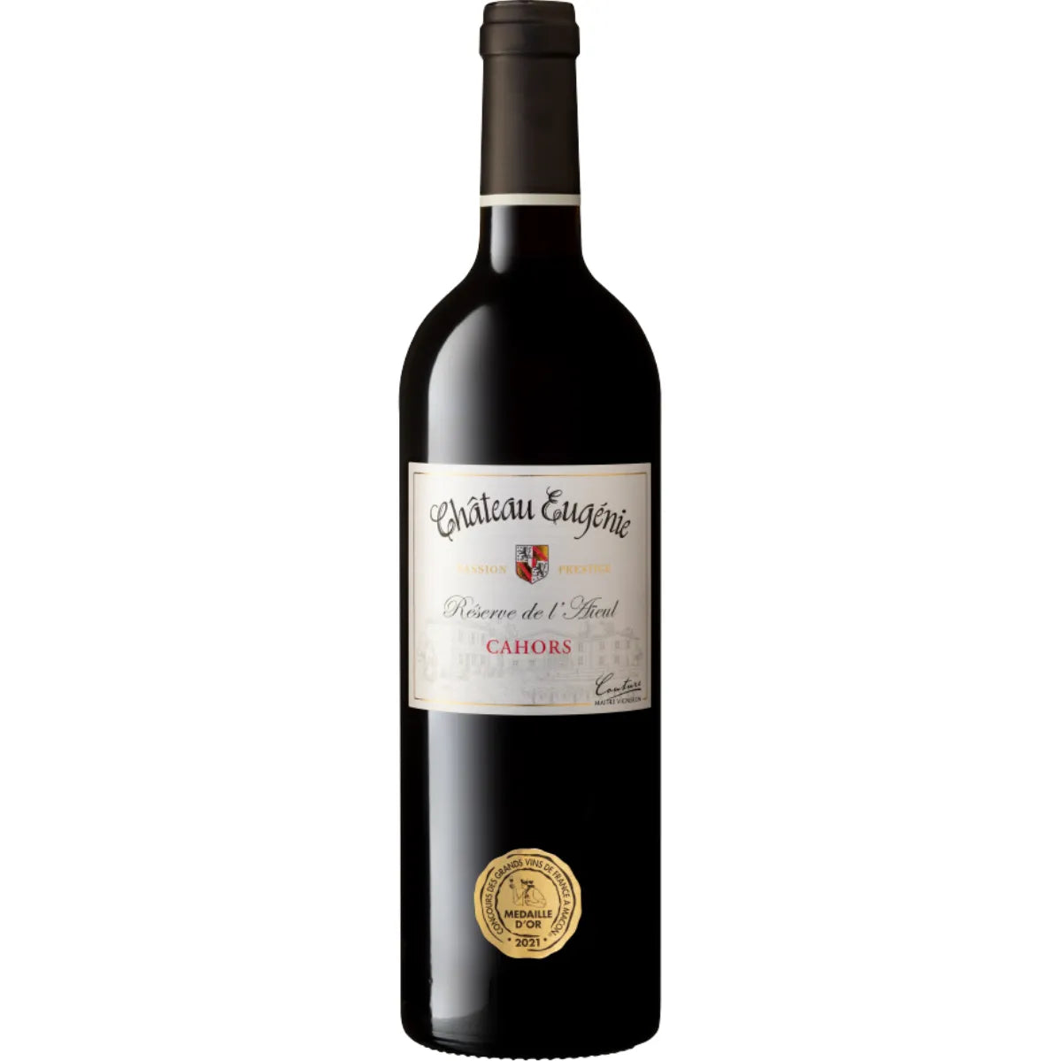 The Château Eugénie from Cahors is a remarkable wine that embodies richness and complexity. This vintage is crafted from a blend of Malbec and Merlot grapes, offering a full-bodied and richly aromatic experience. The wine is presented in an elegantly designed 0.75L bottle, featuring a classic shape with a deep punt and a premium cork closure, emphasizing its quality and tradition. The sophisticated label reflects the wine's prestigious origins.