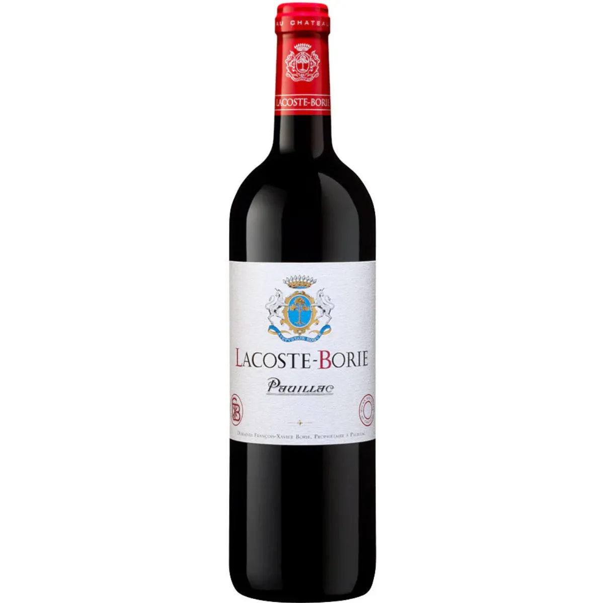 Bottle of Lacoste-Borie Pauillac 2019, the prestigious second wine of Château Grand-Puy-Lacoste. The elegant label adorns a bottle filled with deep ruby-red Bordeaux blend, comprising 62% Cabernet Sauvignon, 29% Merlot, and 9% Cabernet Franc. The bottle stands against a backdrop of sun-drenched Pauillac vineyards, with rows of vines stretching across gravelly soils. The wine's rich color hints at its complex bouquet of black fruits, spices, and subtle oak notes, promising a silky palate with refined tannins