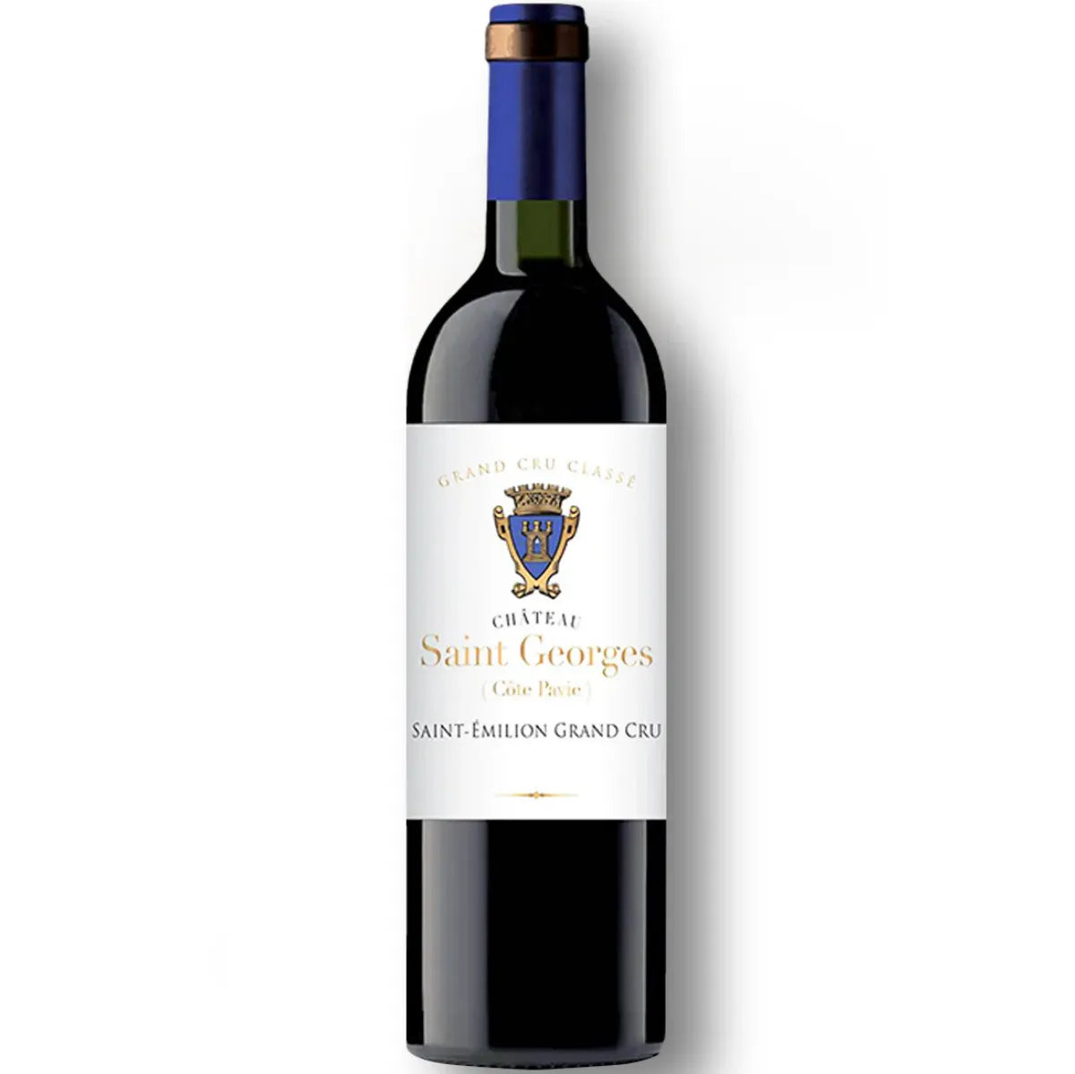Saint-Georges Côte Pavie wine bottle, premium Saint-Émilion Grand Cru, showcasing Merlot-Cabernet Franc blend. Elegant label design, set against lush Pavie plateau vineyards. Clay-limestone terroir, family estate since 1873, producing fine Bordeaux red wines with aging potential.