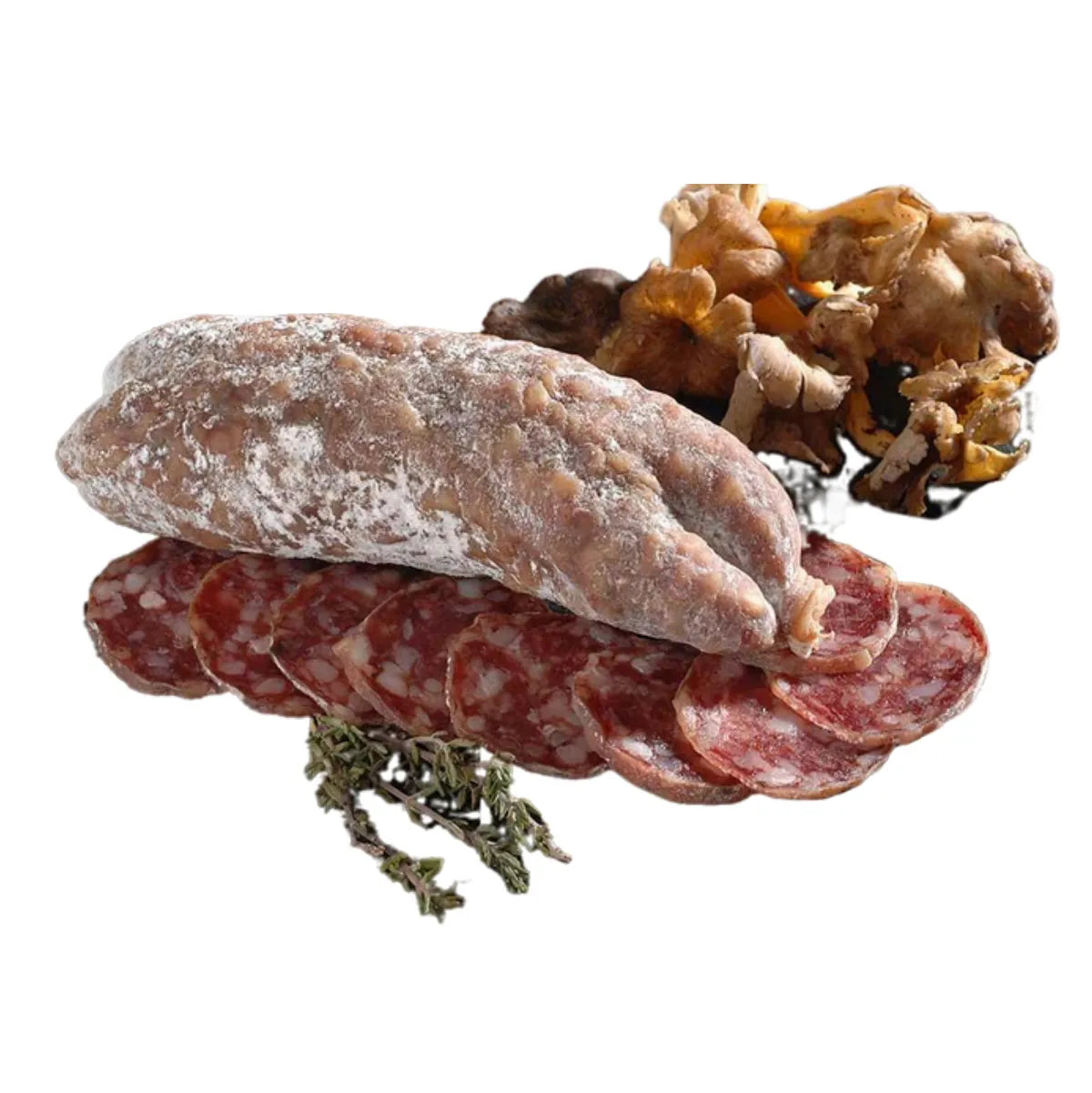 Artisanal sausage with chanterelles, featuring forest aromas and a melting texture.