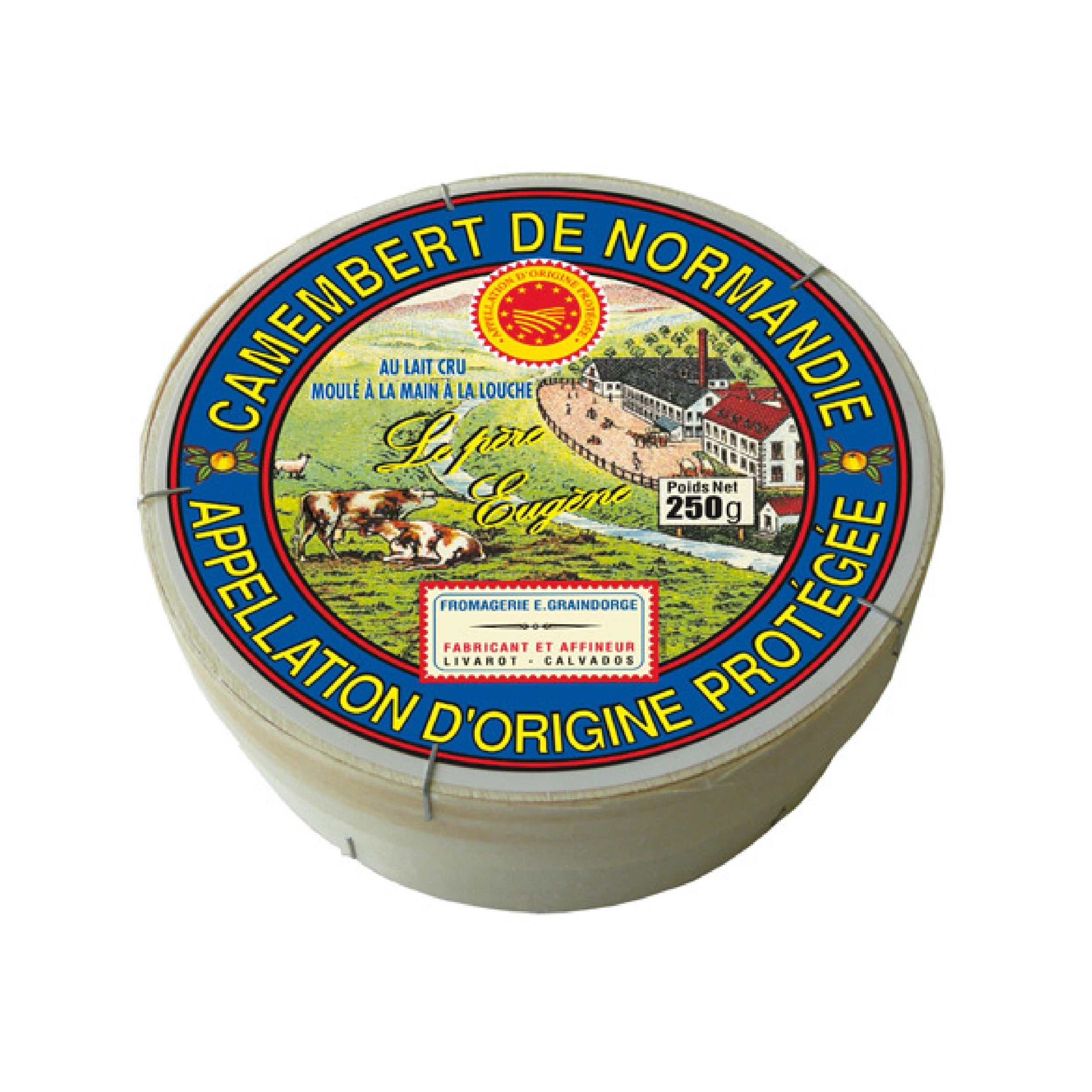 Authentic Camembert de Normandie PDO wheel from Fromagerie E. GRAINDORGE, showcasing its soft texture and bloomy white rind. Hand-ladled and made from select raw milk, epitomizing traditional Norman cheese-making since 1791.