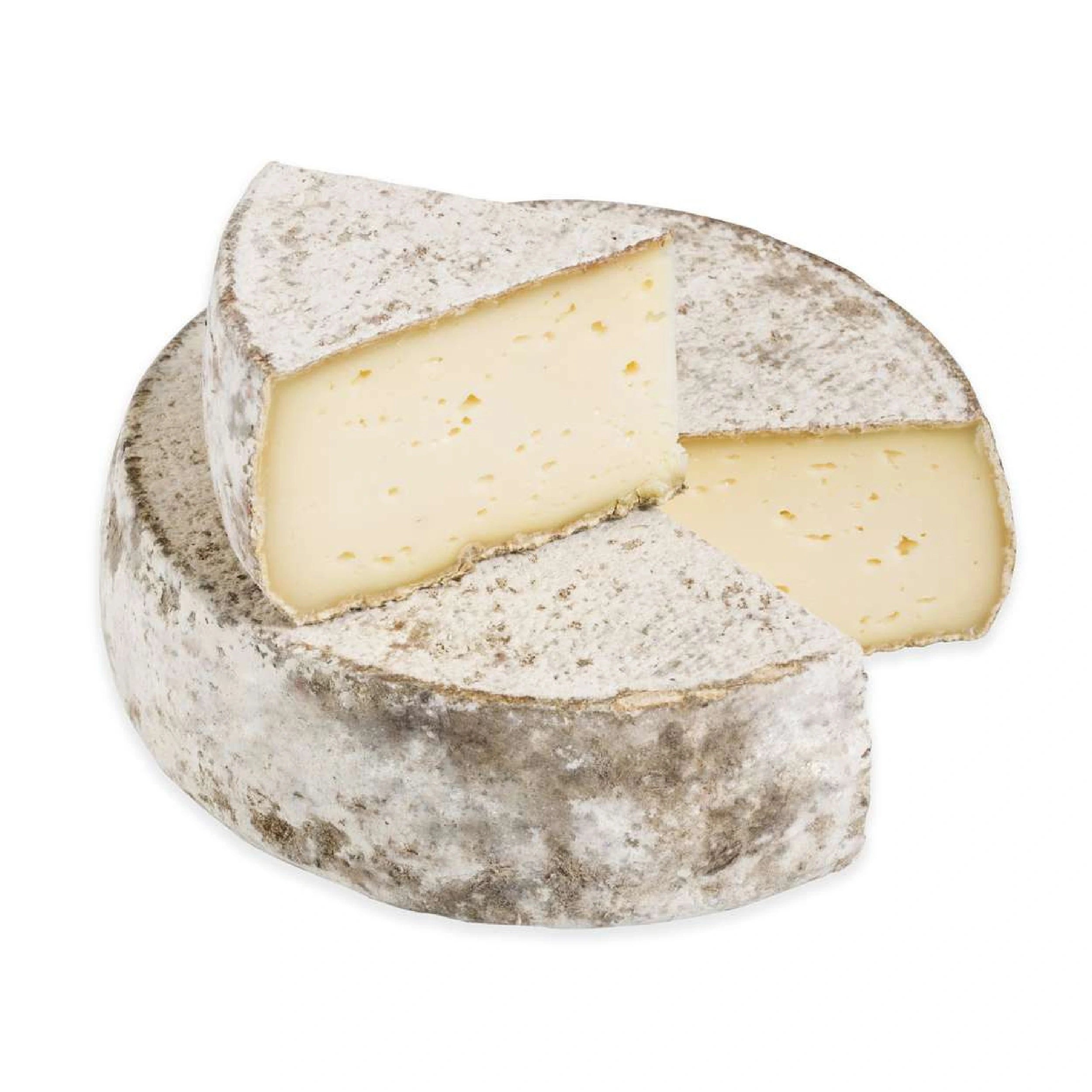 Wheel of Tomme de Savoie cheese with a rustic rind, showcasing its firm texture. Displayed on a wooden board alongside crusty bread and a glass of Savoyard wine, highlighting its versatility in Alpine cuisine