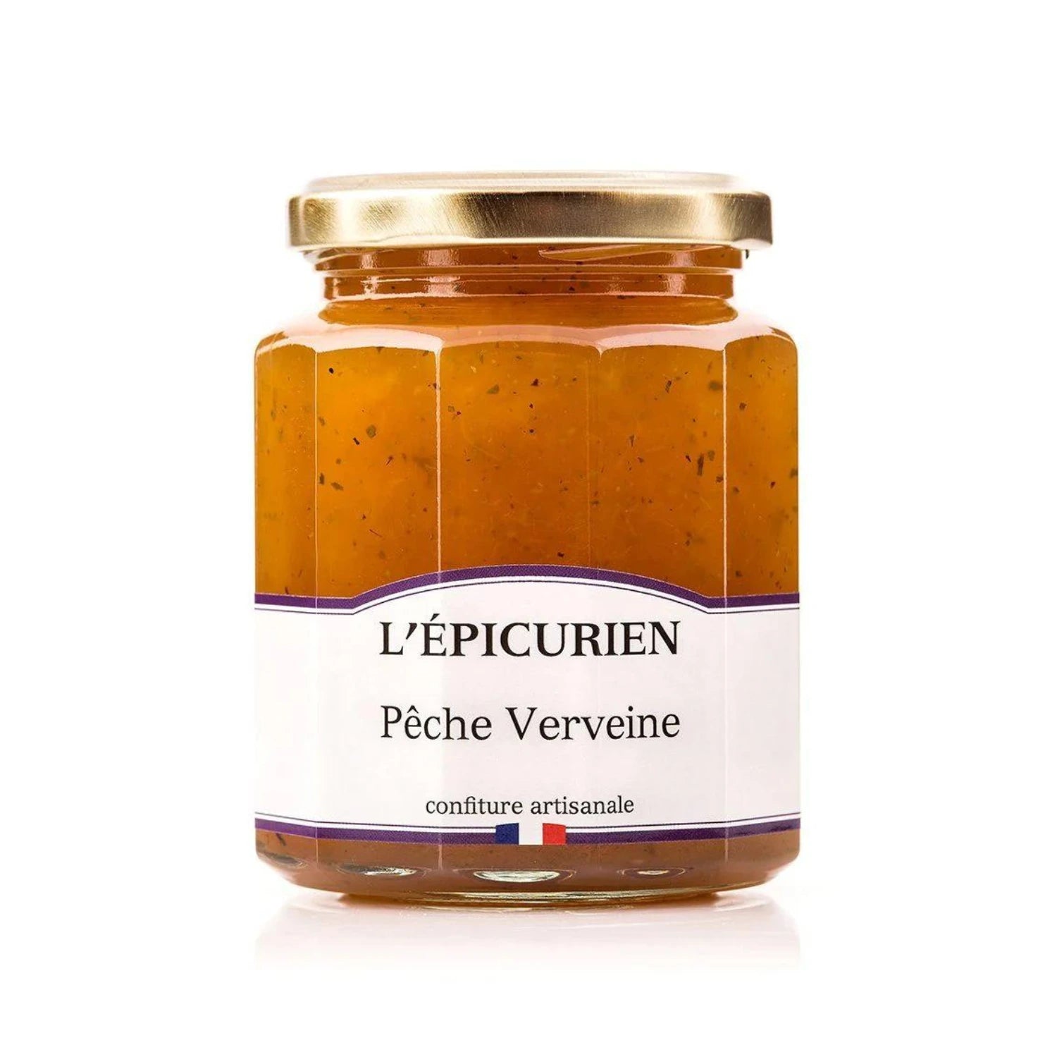 Jar of artisanal Peach and Verbena Jam with visible fruit chunks. Golden spread on rustic bread, surrounded by fresh peaches, verbena leaves, and a gourmet cheese selection.
