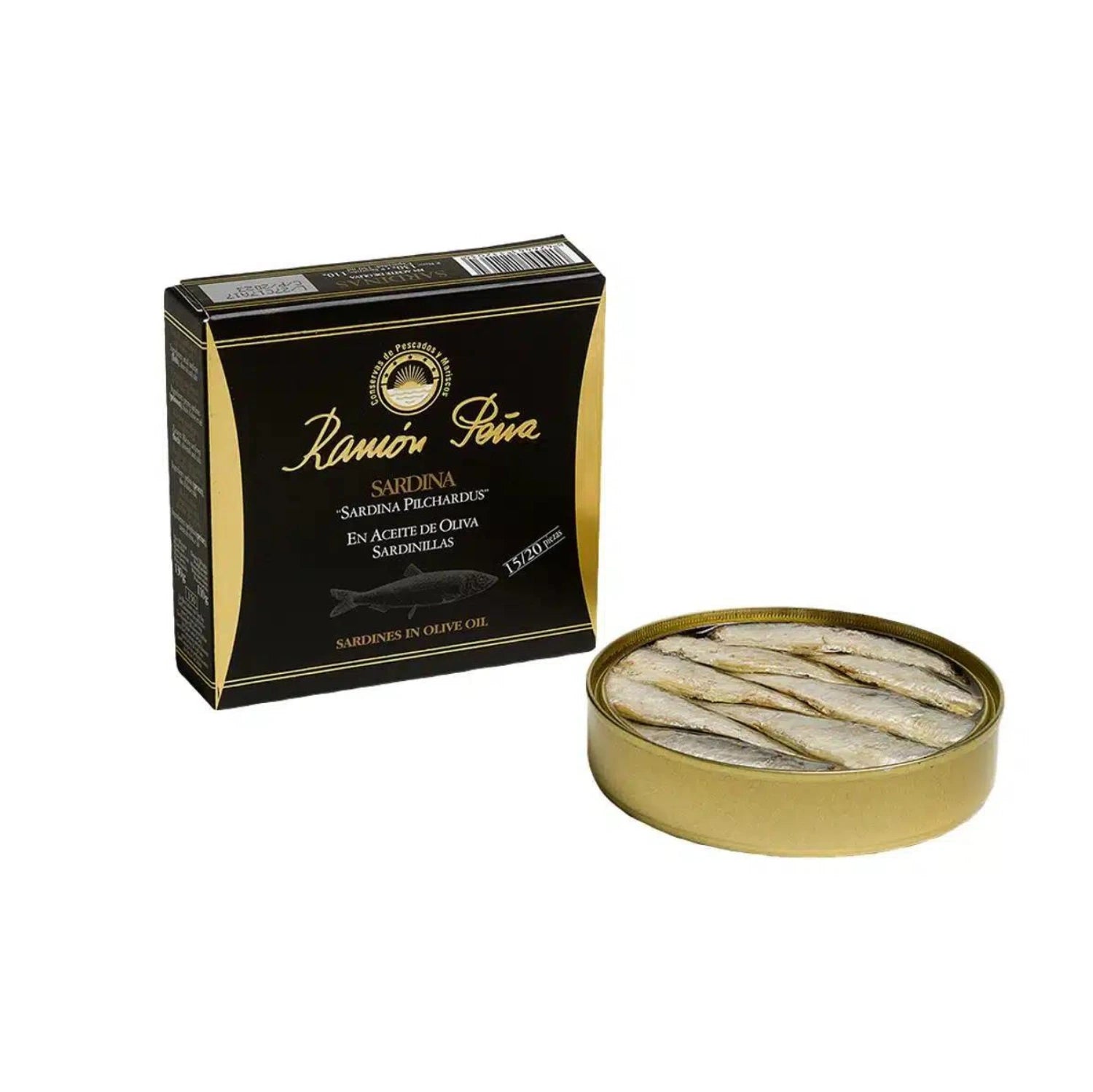 Ramón Peña 'Black Label' sardines in olive oil on toasted bread with sautéed onions and peppers, served alongside a glass of Chardonnay. Tin of premium sardines visible.