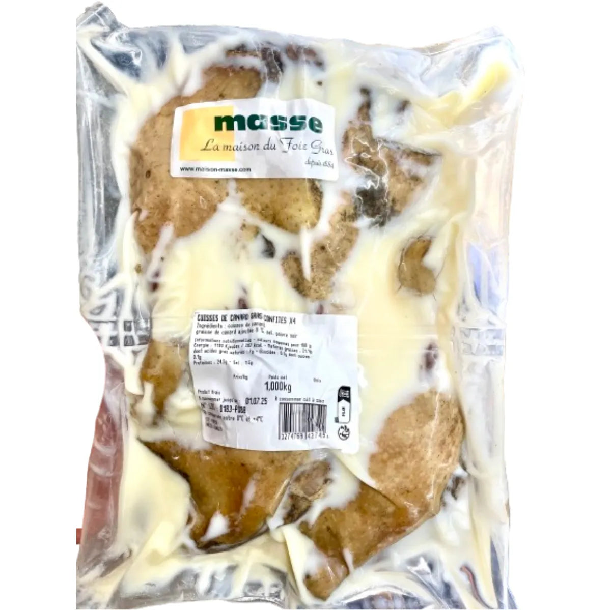Four golden and appetizing duck confit legs from Périgord PDO, vacuum-sealed in transparent packaging. The label prominently displays the Masse brand and the Périgord PDO certification, guaranteeing the product's authenticity and quality.