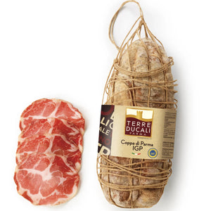 Parma Coppa PDO from Terre Ducau — artisanal dry-cured pork with delicate marbling and rich, savory flavor, perfect for antipasti and charcuterie boards.