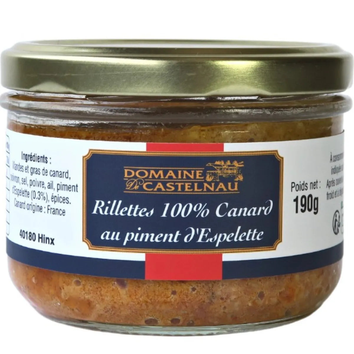 Rich and flavorful duck rillettes made with 100% duck meat, delicately spiced with Espelette pepper for a subtle Basque kick. Ideal for spreading on rustic bread as an appetizer or gourmet snack.