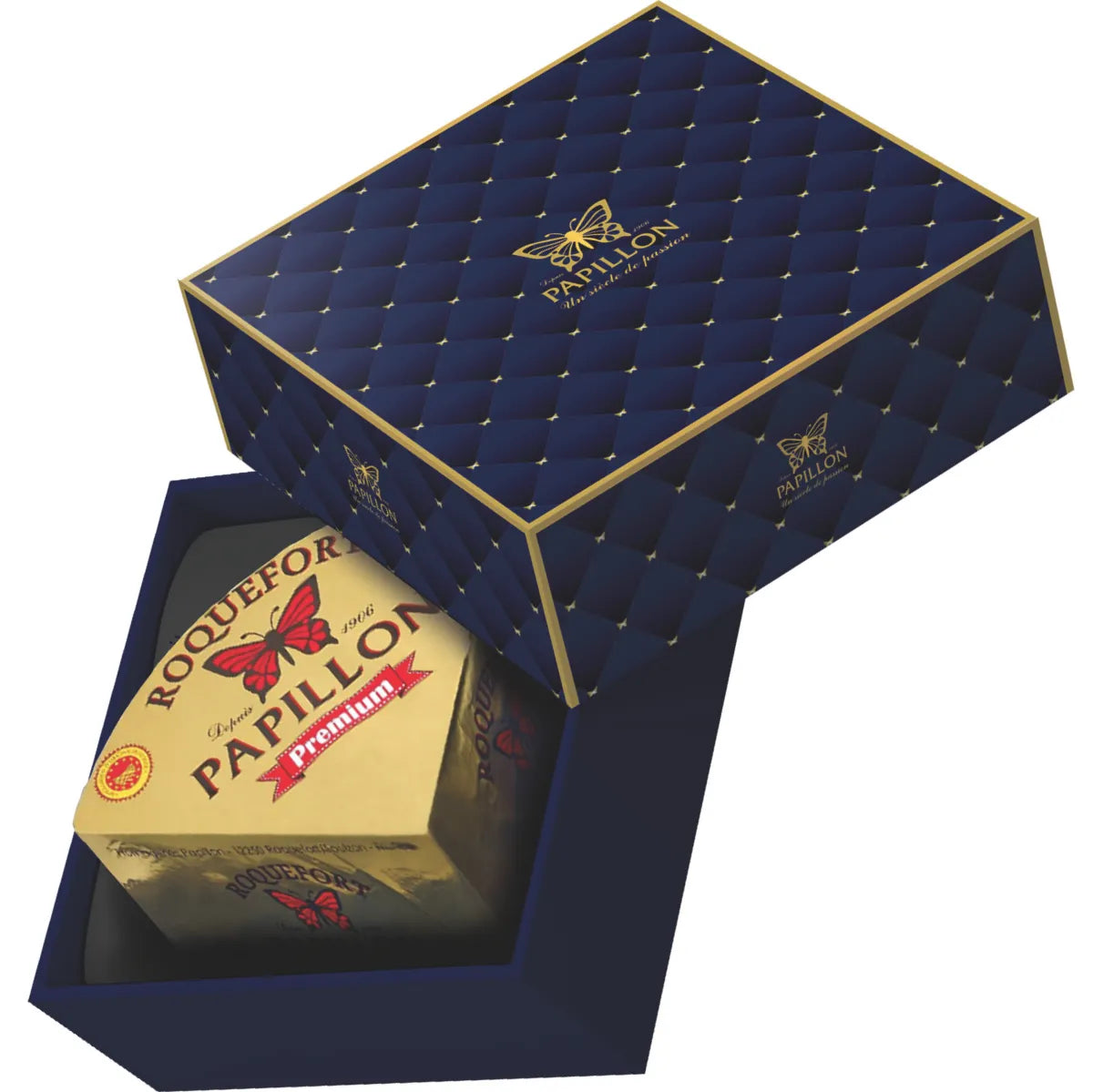 Papillon Roquefort AOP Premium in luxury gift box – 300g wedge of blue cheese made from raw sheep’s milk, with rich marbling and elegant packaging.