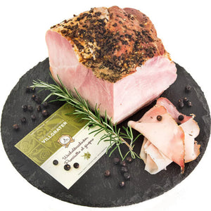 Artisanal Juniper-Cooked Speck from Villgrater, Austria – thinly sliced smoked pork with aromatic juniper berries, perfect for charcuterie boards.