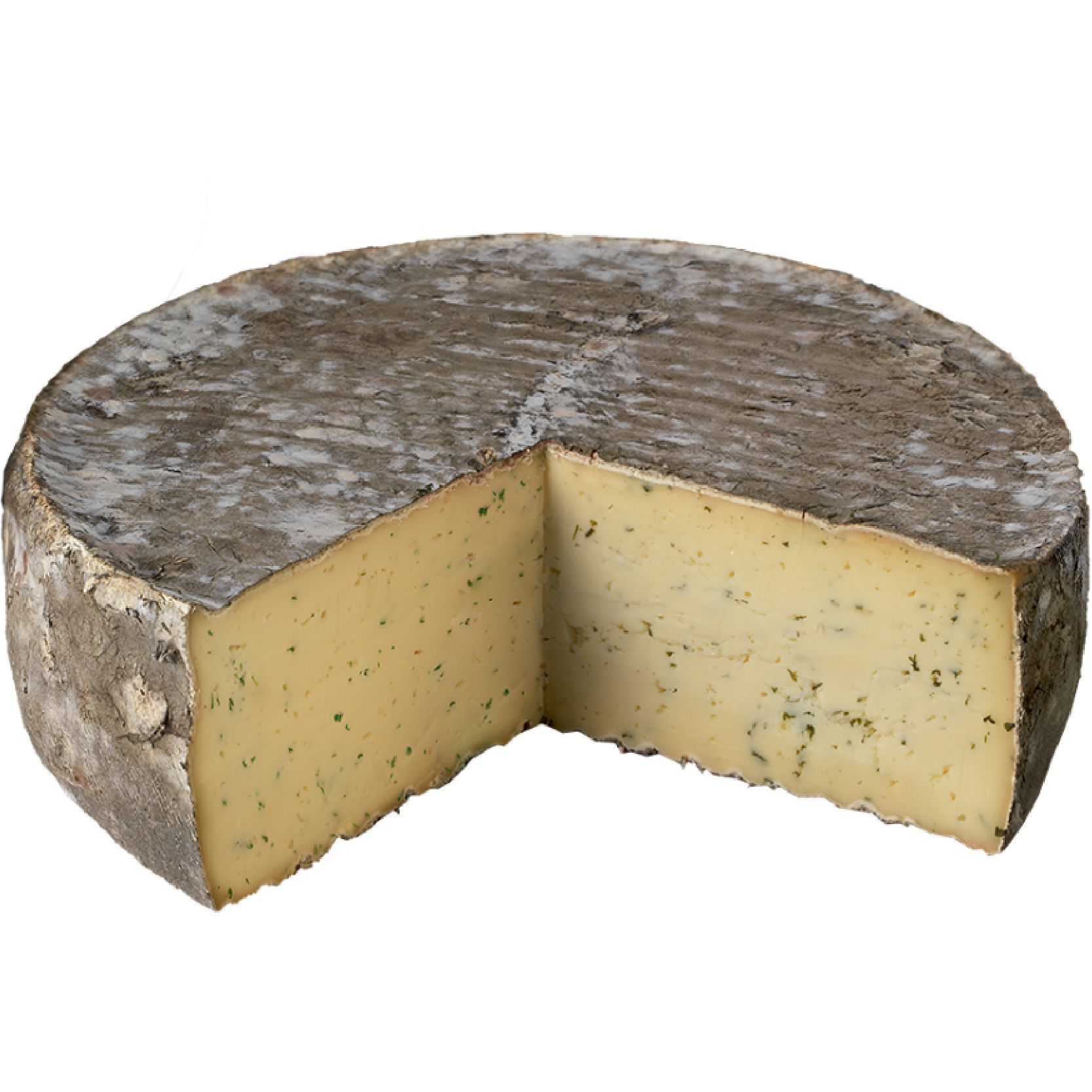 Tomme à l’ail des ours from Laiterie Vichy, cow’s milk cheese infused with wild garlic, semi-firm texture and fresh herbal flavor.