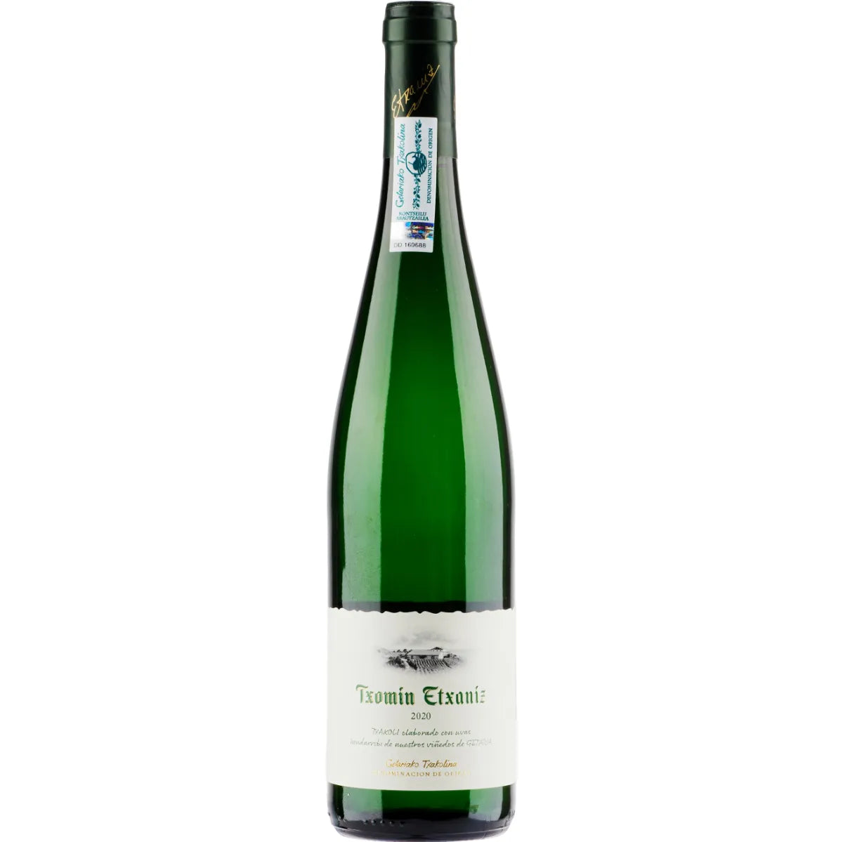 Bottle of Txakoli Txomin Etxaniz – Getariako Txakolina white wine, a lightly sparkling Basque wine with citrus notes, fresh acidity, and coastal character.