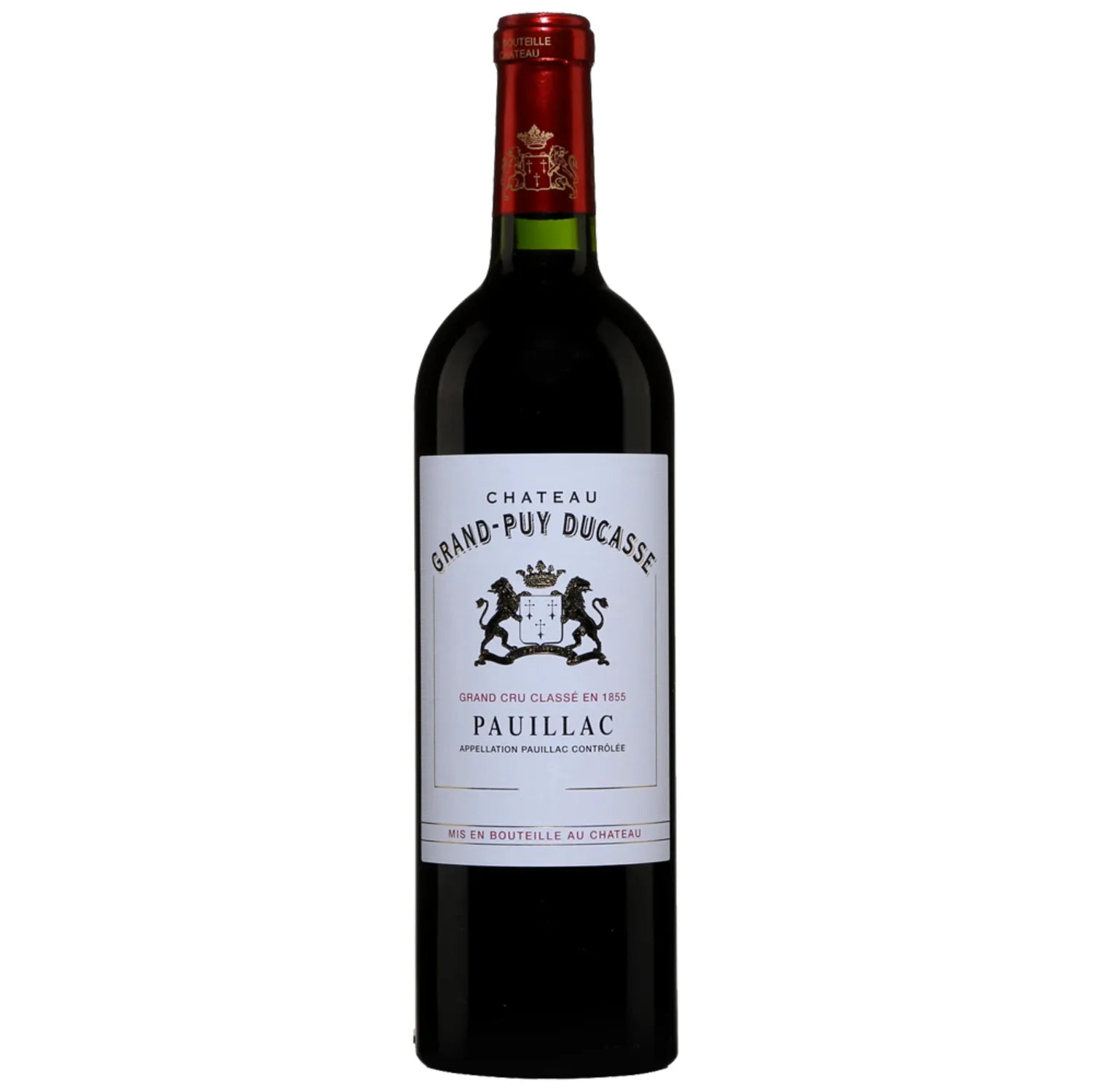 A bottle of Château Grand-Puy Ducasse Pauillac 2014, a premium Bordeaux red wine known for its rich, full-bodied profile, complex bouquet of cedar, tobacco, and black fruit, and sustainable viticulture practices. Perfect for aging and pairing with rich meats and mature cheeses.
