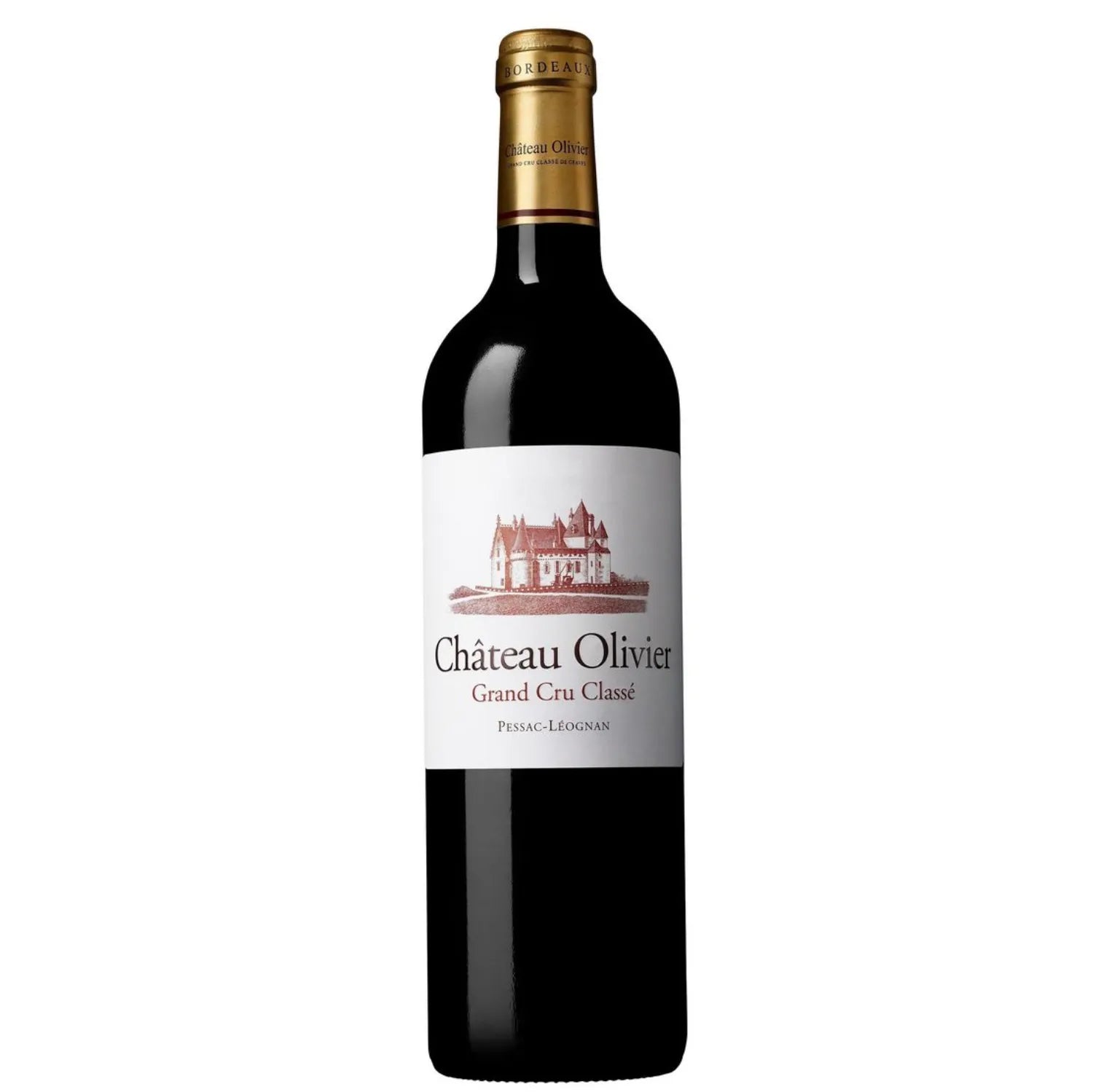 A bottle of Grand Cru Classé - Château Olivier 2015, a premium Bordeaux wine from the Pessac-Léognan appellation, known for its rich, full-bodied profile, complex bouquet of blackberries, plums, cedar, and tobacco, and sustainable viticulture practices.