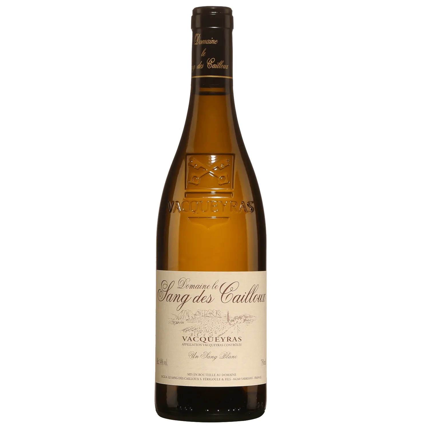 Bottle of Un Sang Blanc 2020 Vacqueyras white wine from Domaine Le Sang des Cailloux, showcasing its golden color and elegant label, renowned for its complex aromatic profile and balanced palate.