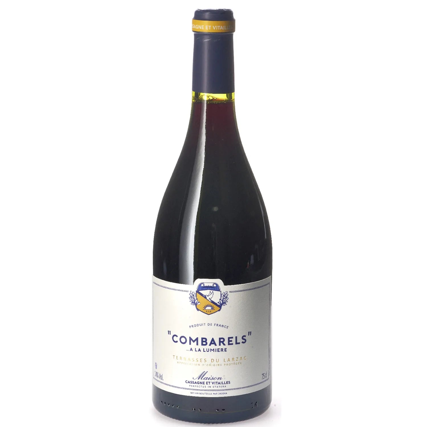 A bottle of Combarels à La Lumière 2021 from Domaine Cassagne et Vitailles, showcasing a vibrant golden color. This wine from the Terrasses du Larzac region is crafted from a proprietary blend of Chardonnay, Grenache, and Viognier, expressing the unique terroir of Languedoc.