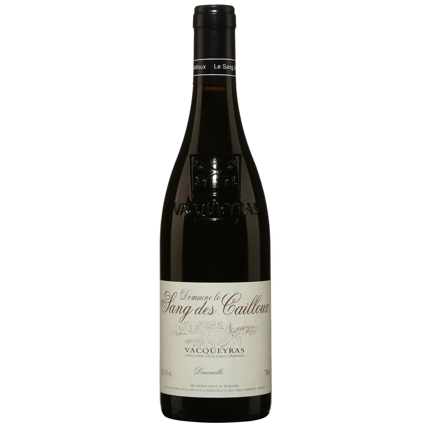 Bottle of Doucinello 2020 Vacqueyras red wine from Domaine Le Sang des Cailloux, displaying its vibrant ruby/purple color and elegant label, known for its rich aromatic profile and balanced palate.