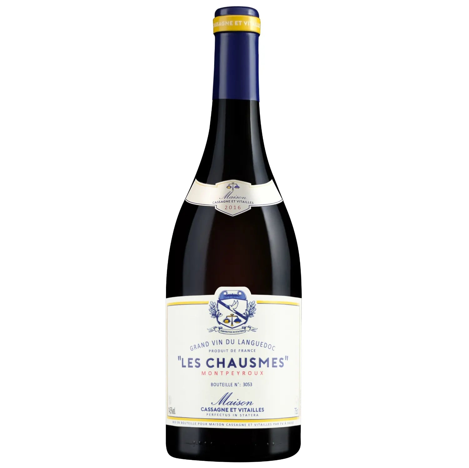 A bottle of 2019 Les Chausmes from Domaine Cassagne et Vitailles, showcasing a deep garnet color with intense red highlights. This wine from the Montpeyroux region is crafted from a proprietary blend and aged to reveal rich and complex aromas. It features a rich and complex bouquet with notes of ripe red fruits, chocolate, sweet spices, and white pepper. The palate is opulent and well-structured, offering concentrated berry flavors, hints of licorice, and a persistent freshness