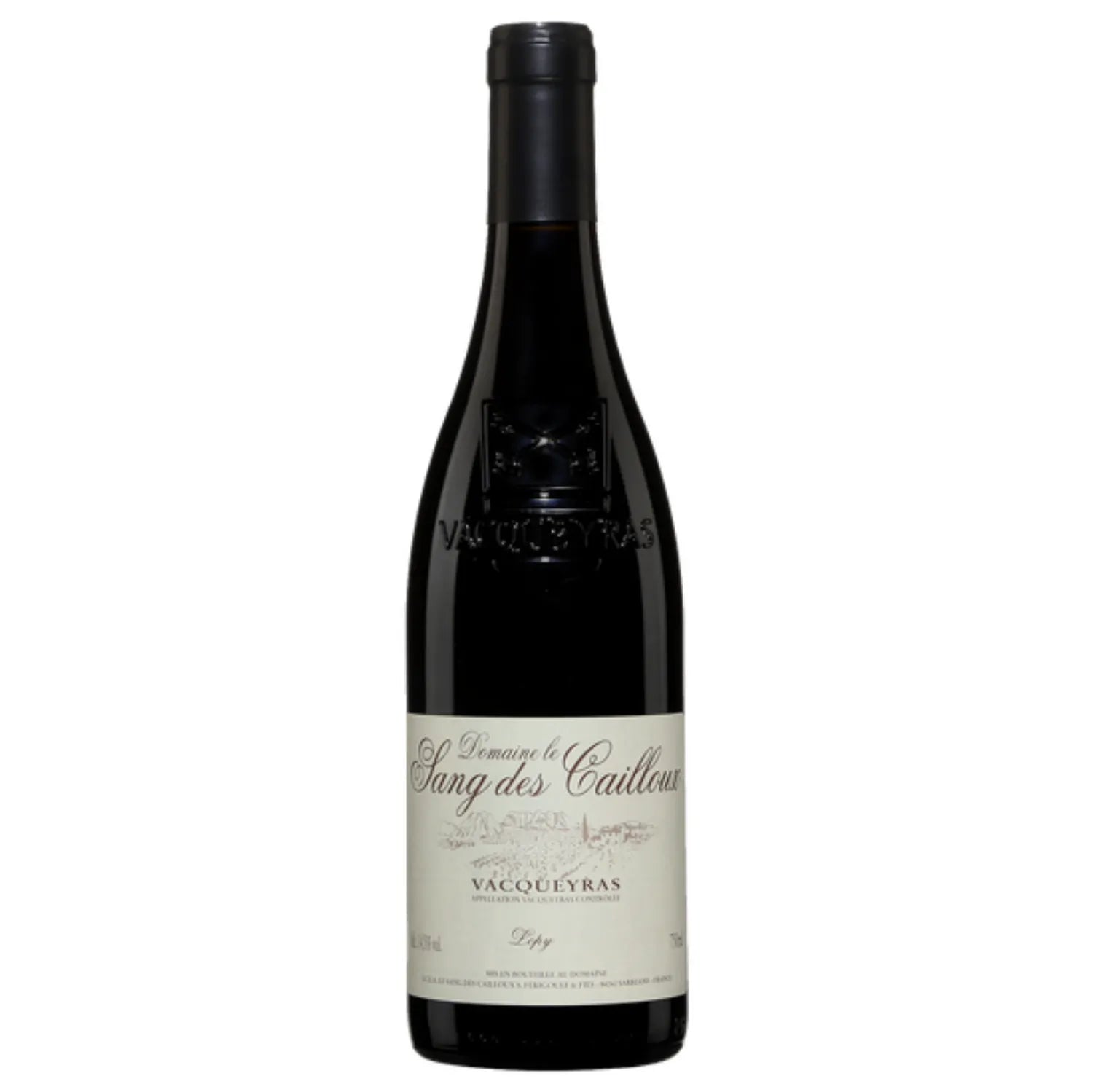 A beautifully designed bottle of Lépy 2019 Vacqueyras red wine from Domaine Le Sang des Cailloux, featuring an elegant label and displaying a deep ruby color. This wine is known for its rich aroma profile, including dark fruits, spices, and earthy undertones, making it an ideal choice for connoisseurs and special celebrations.