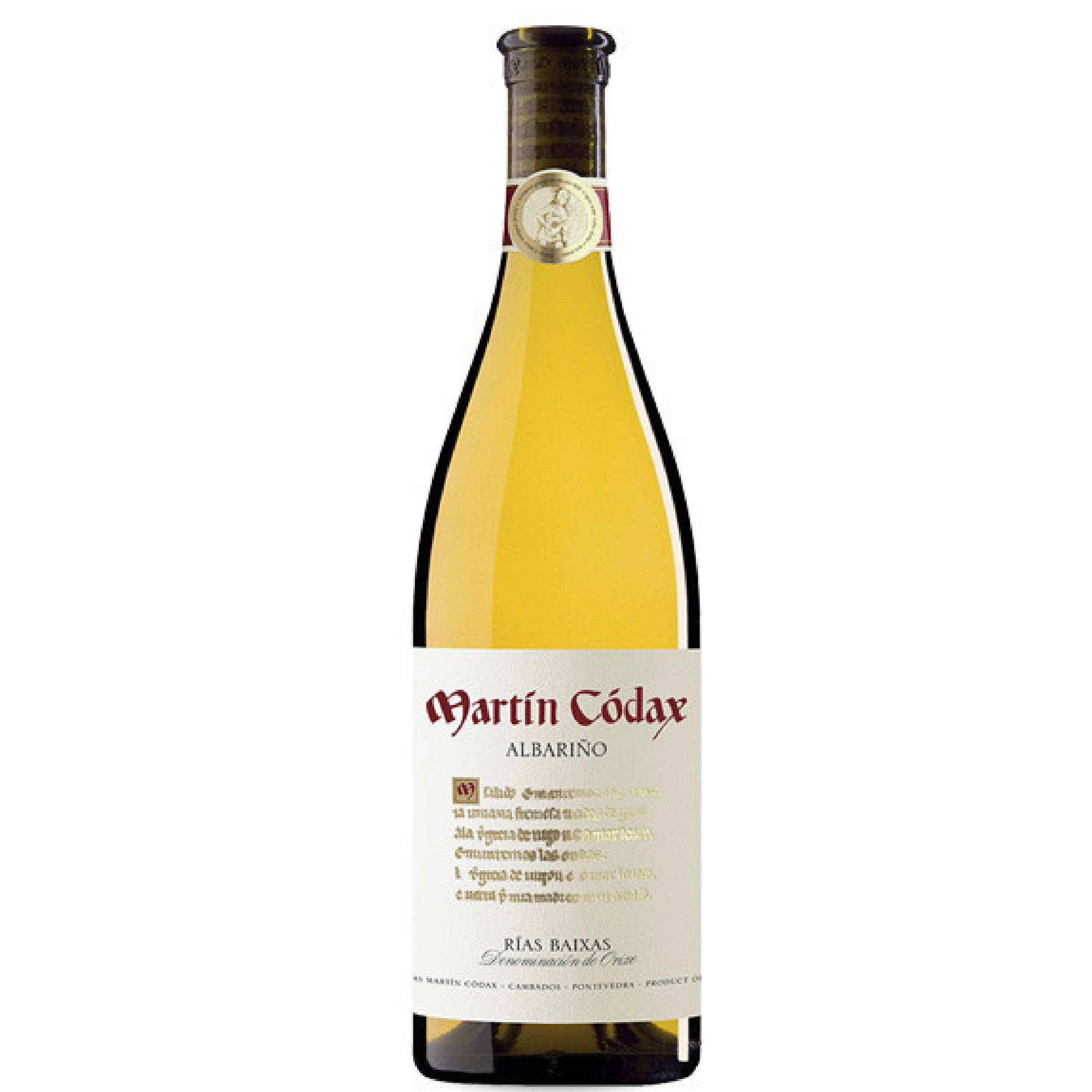 Bottle of Martin Codax Albariño white wine, vintage unspecified, with white label adorned with red and gold lettering. The wine, light straw yellow in color, is visible through the clear glass bottle. A gold medallion adorns the neck of the bottle, emphasizing its premium character.