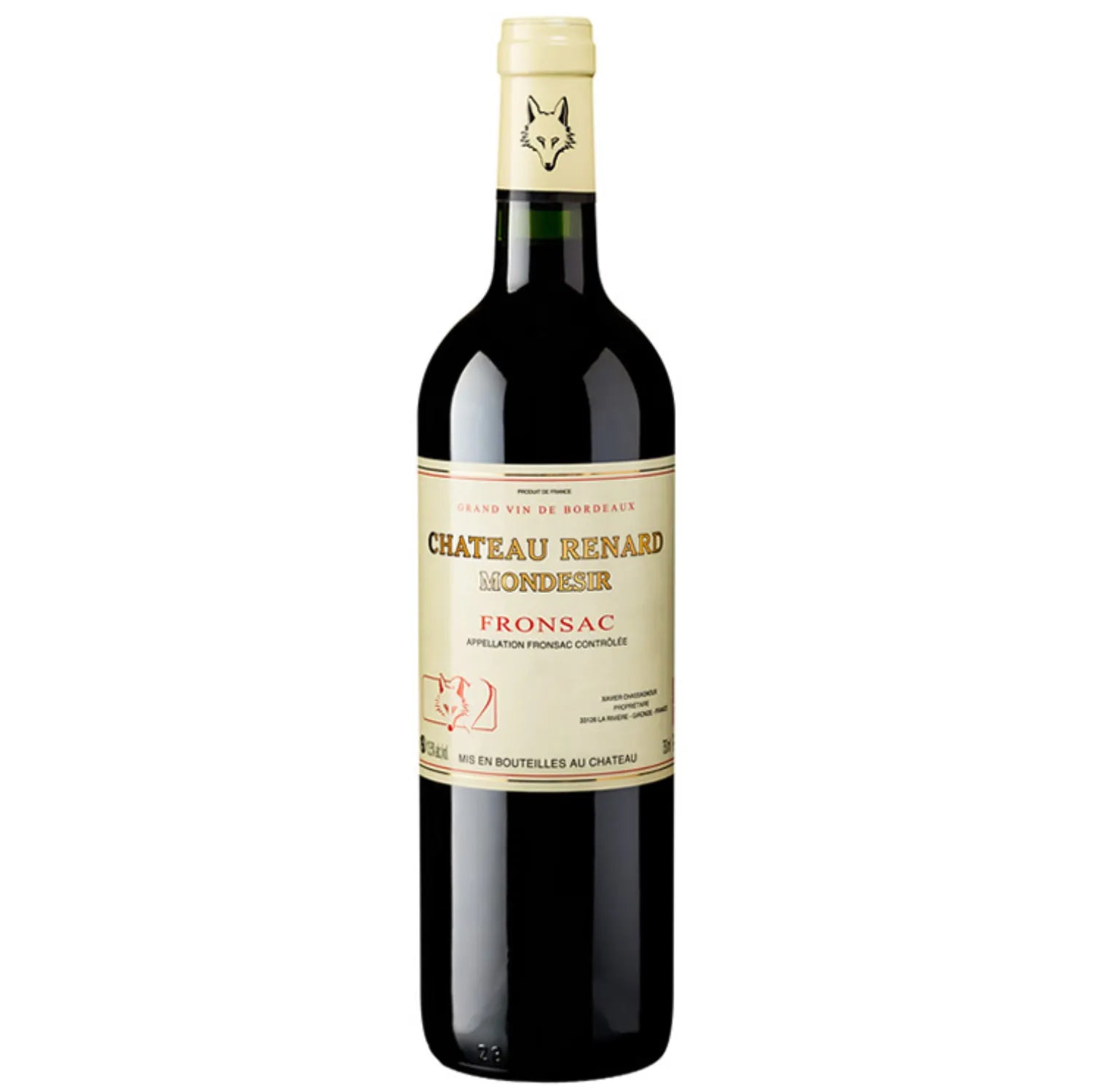 Image of "Château Renard Mondesir" 2016 red wine, showcasing its deep garnet color and enticing bouquet of blackberries, cassis, and hints of tobacco. Perfect for pairing with roasted meats and mature cheeses.