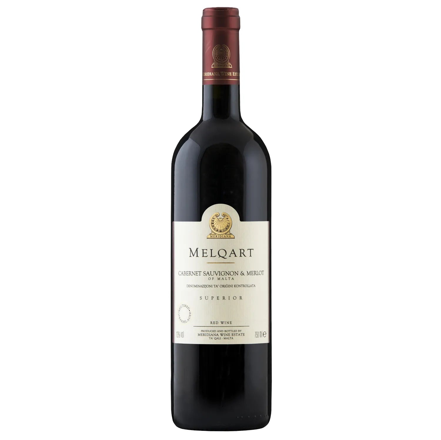 The Melqart 2021 from Meridiana Wine Estate is a sophisticated blend of Cabernet Sauvignon and Merlot, embodying the rich viticultural heritage of Malta. Presented in a 0.75L bottle, this wine is made from meticulously selected grapes grown in the Maltese Islands, reflecting the unique terroir and climate.