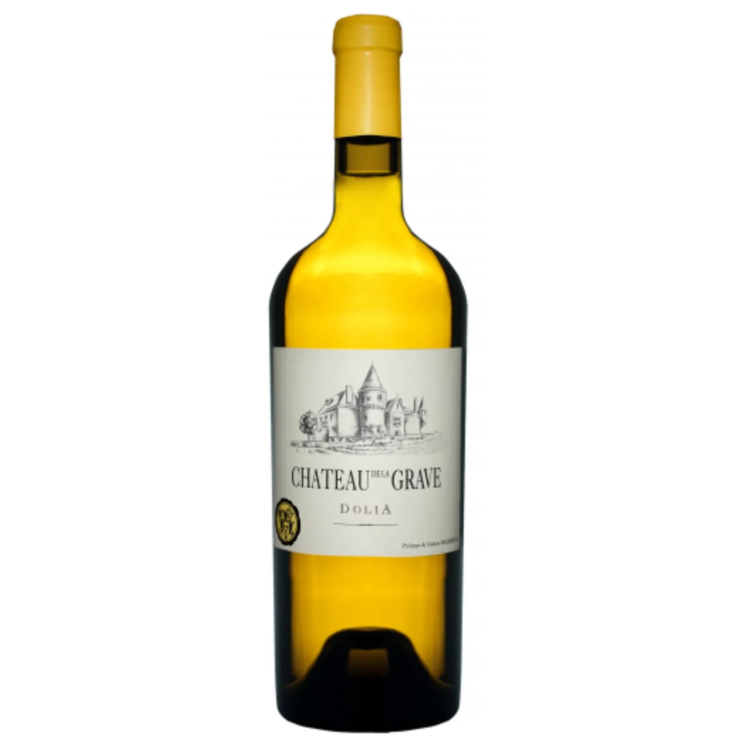 A bottle of Dolia 2023 from Château de La Grave, a premium Bordeaux white wine known for its vibrant expression, blend of Sémillon and Colombard, and sustainable viticulture practices. Ideal for aging and pairing with a variety of dishes.