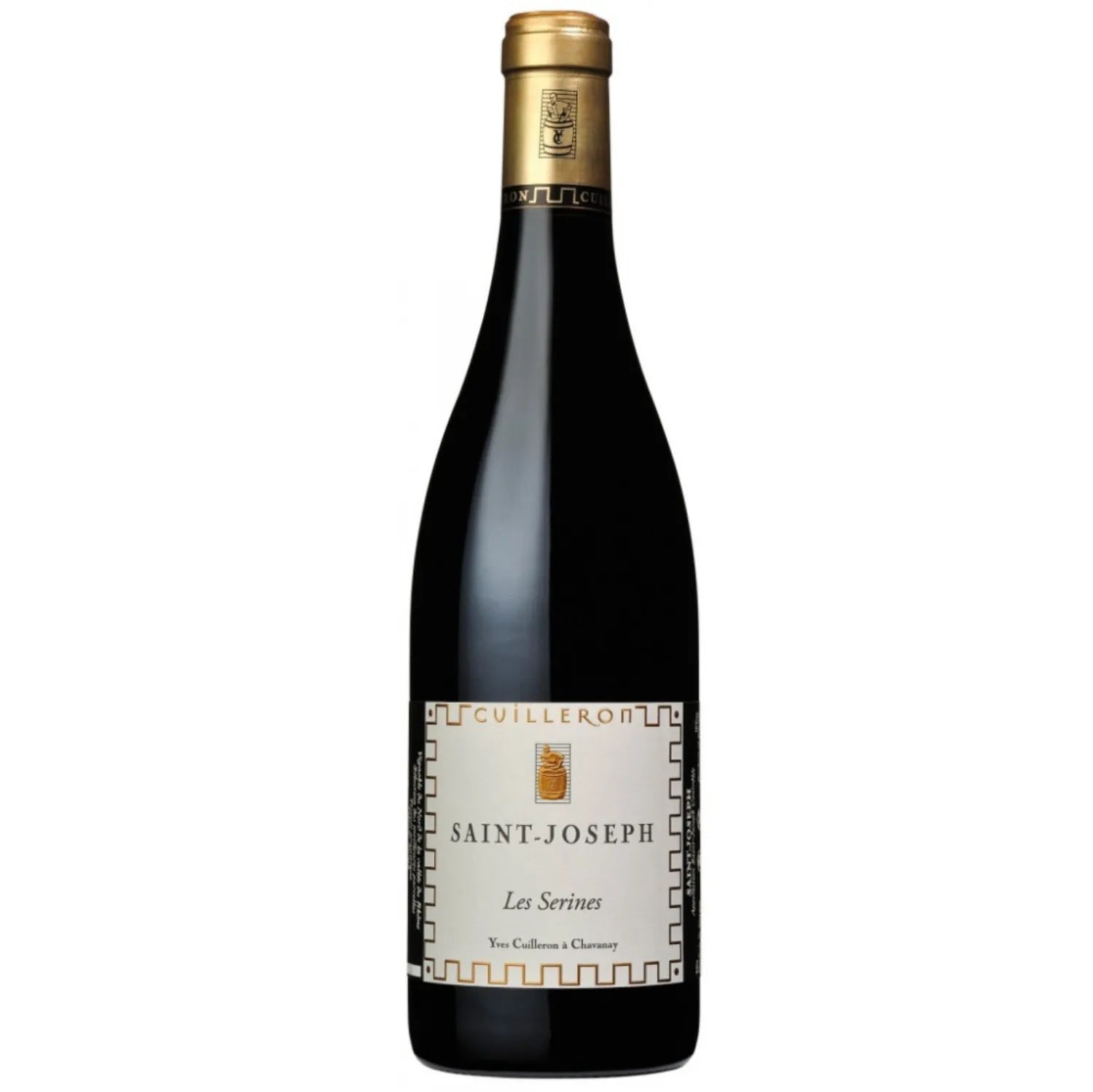 A bottle of Saint-Joseph "Les Serines" 2021 from Domaine Yves Cuilleron, featuring its organic label and deep red color, highlighting the elegance and heritage of this Rhône Valley Syrah.