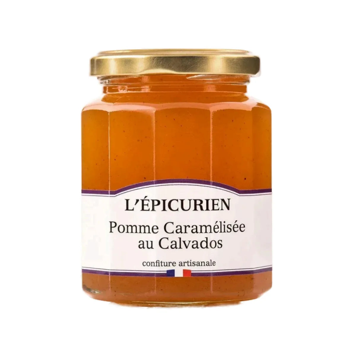 Artisanal apple jam with Calvados AOC, a Norman specialty. Smooth texture, golden color, caramelized flavors.