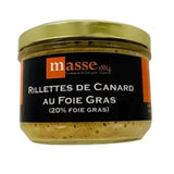 Duck rillettes with 20% foie gras, creamy and flavorful. Perfect for appetizers on country-style bread or with salad.
