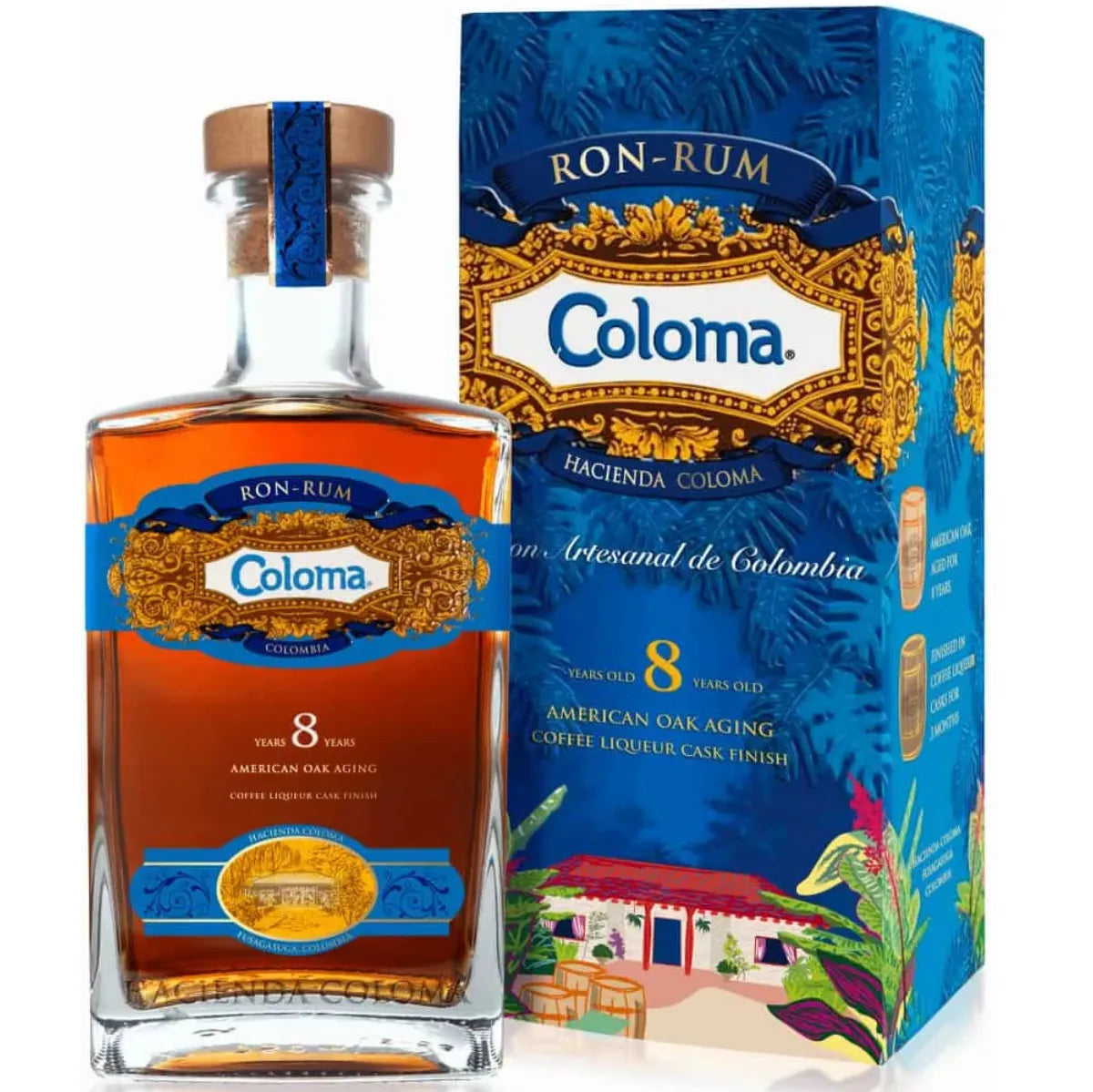 Bottle of Coloma 8 Years rum with its vivid blue box decorated with tropical motifs, showcasing the amber liquid and ornate label.