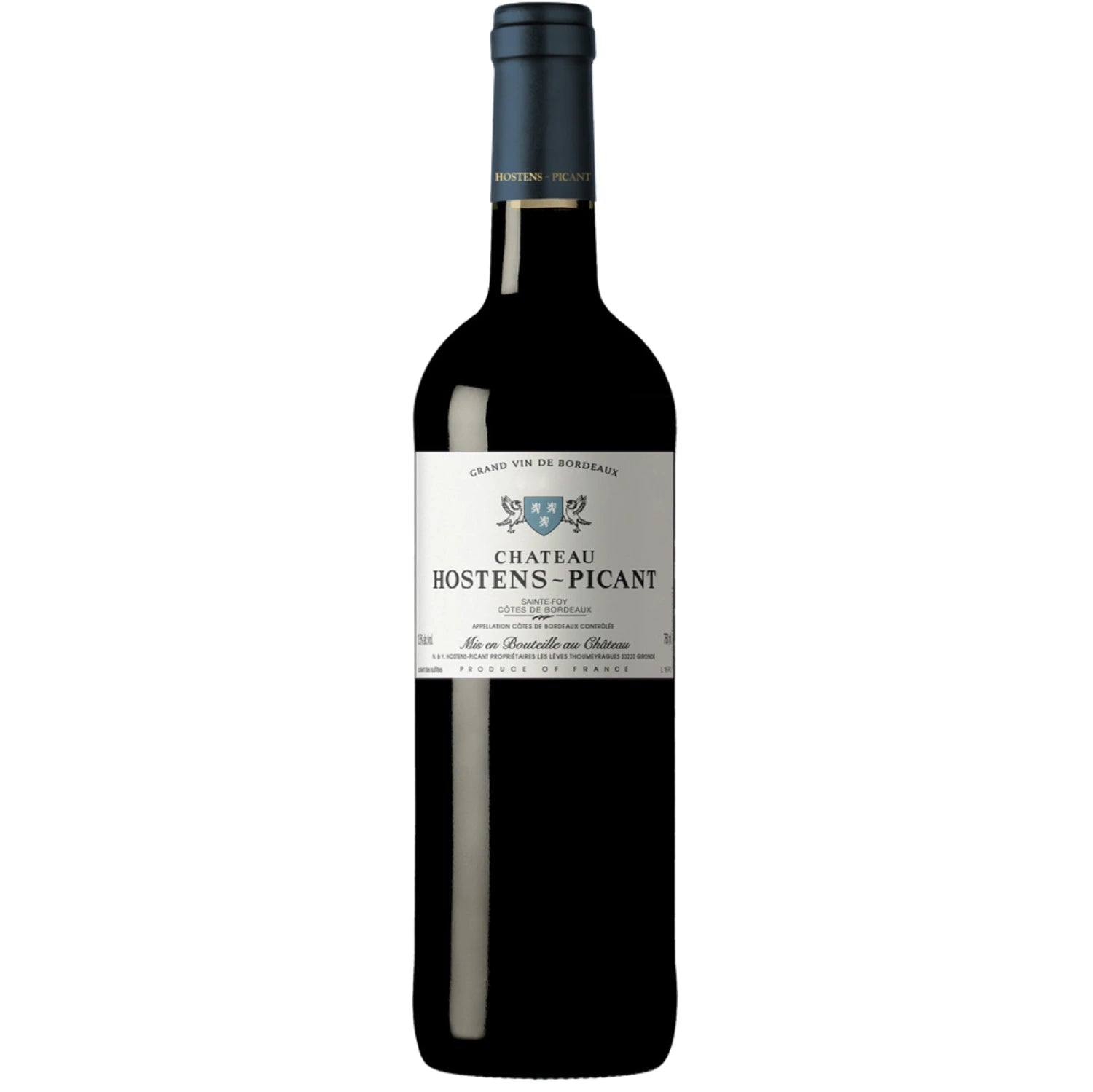 A bottle of Château Hostens-Picant 2019, a distinguished Bordeaux wine known for its blend of Merlot and Cabernet Franc, featuring rich flavors of red and black fruits, spices, and oak, produced with sustainable practices.