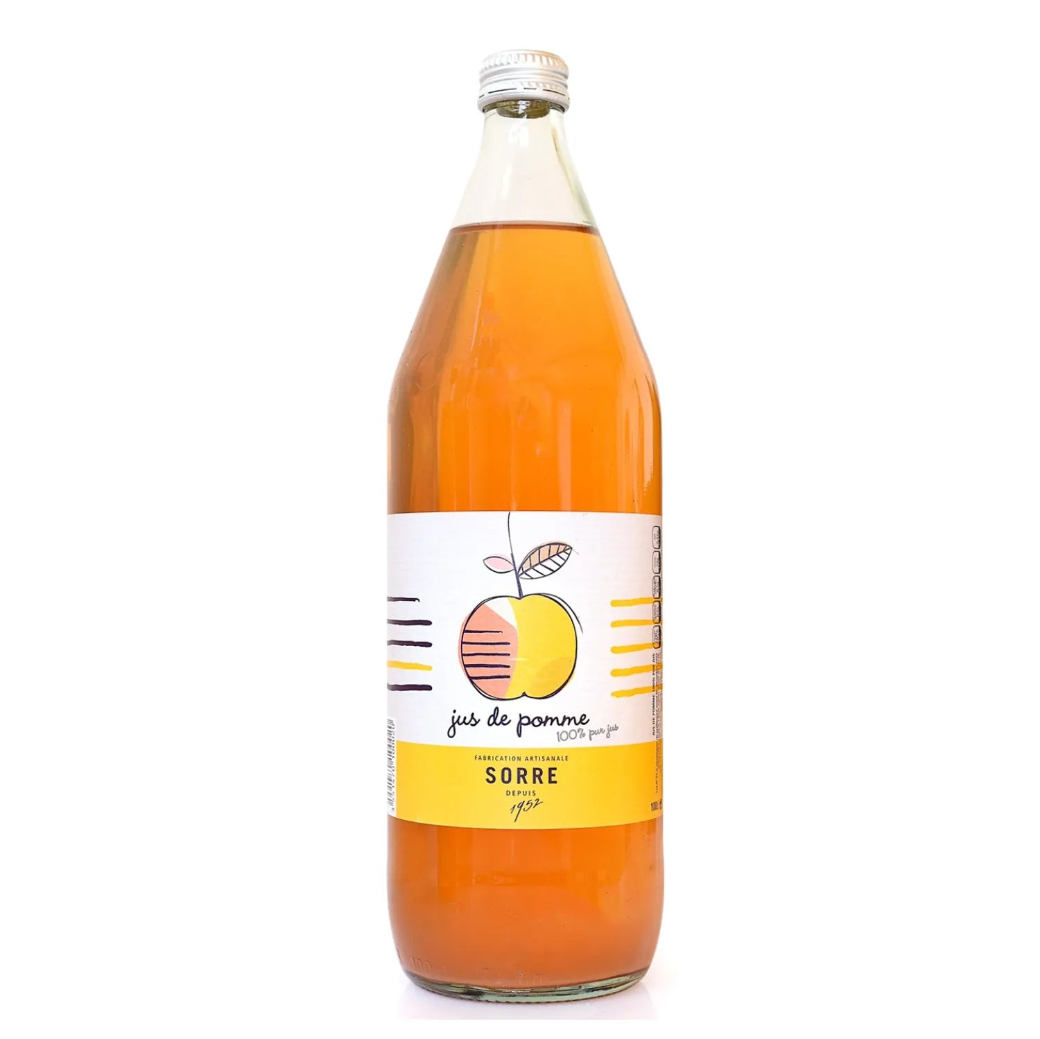 A bottle of Bio Apple Juice by SORRE, a premium organic apple juice from Brittany, France. This juice offers a pure, natural apple flavor with a gentle sweetness, crisp mid-palate, and clean finish. Perfect for enjoying with breakfast, lunch, snacks, dinner, and even desserts, making it an ideal refreshing beverage for the entire family.