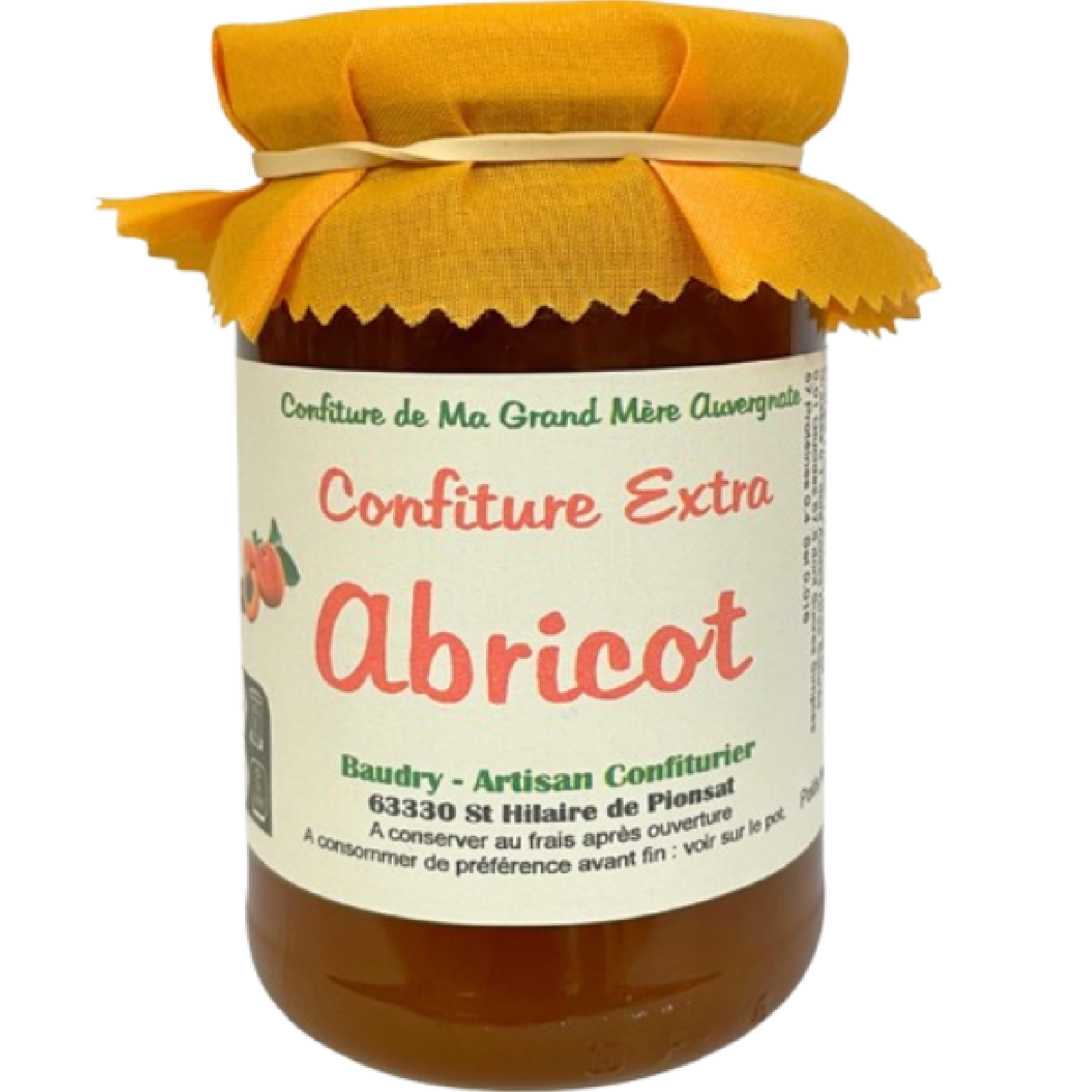 Jar of Apricot Jam Domaine de Baudry 370g, authentic French apricot preserve with smooth texture and rich fruity flavor.