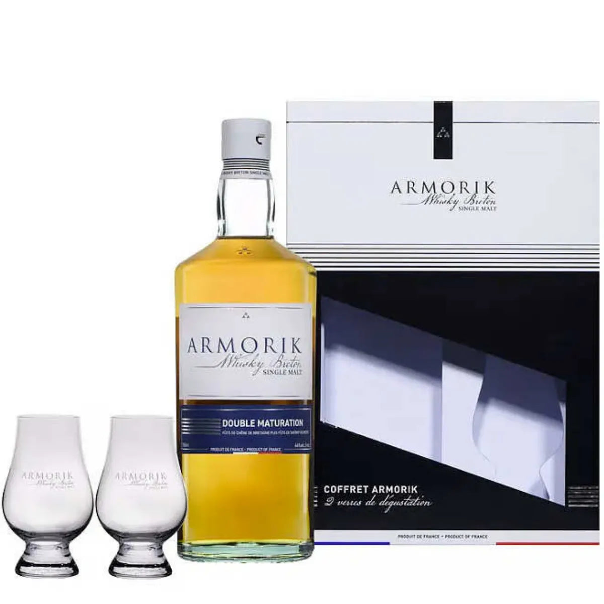 Luxury Armorik Classic French Single Malt Whisky complete gift set containing a premium 70cl bottle of authentic Breton whisky paired with two crystal-clear official Glencairn tasting glasses, elegantly arranged in a sophisticated black presentation gift box with gold detailing, making it an exclusive gift choice for discerning whisky enthusiasts, serious collectors, and connoisseurs of fine French spirits.