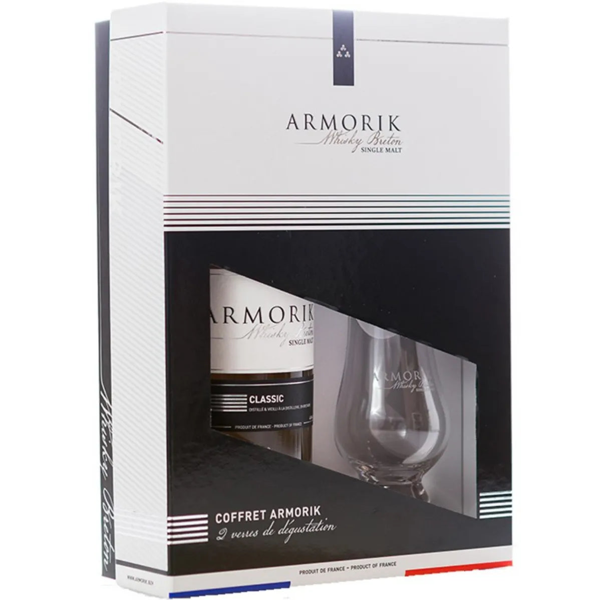 Discover the elegance of French whisky with the Armorik Classic Gift Set — featuring a full-size 70cl bottle of refined Breton single malt, accompanied by two official Glencairn tasting glasses. All beautifully presented in a sleek black gift box with gold accents, this set is the perfect offering for whisky lovers, collectors, and aficionados of fine French spirits.