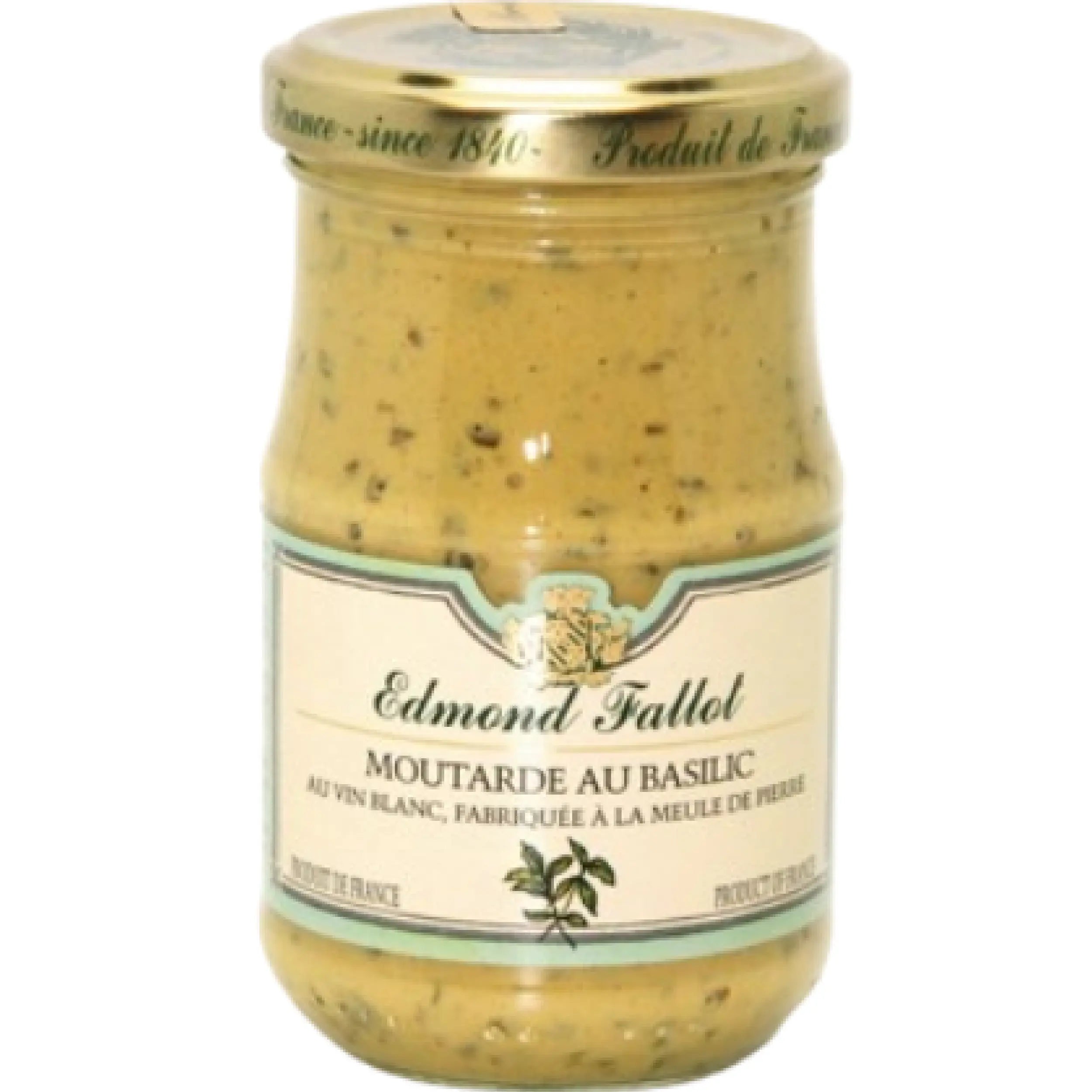Jar of Basil Mustard Edmond Fallot 210g, creamy French mustard infused with fresh basil for gourmet cooking, sauces, and salads.