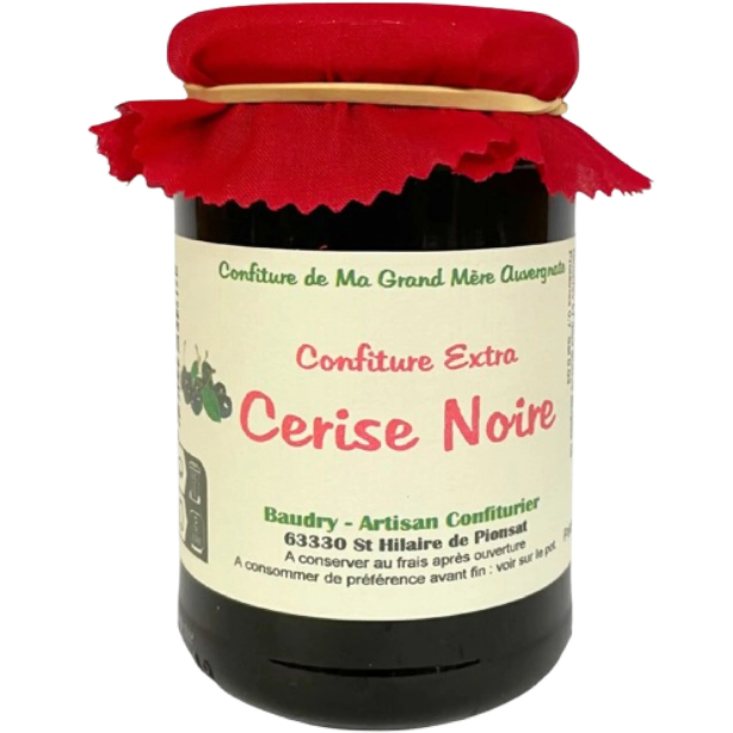 Jar of Black Cherry Jam Domaine de Baudry 370g, authentic French black cherry preserve with rich fruity flavor and smooth texture.