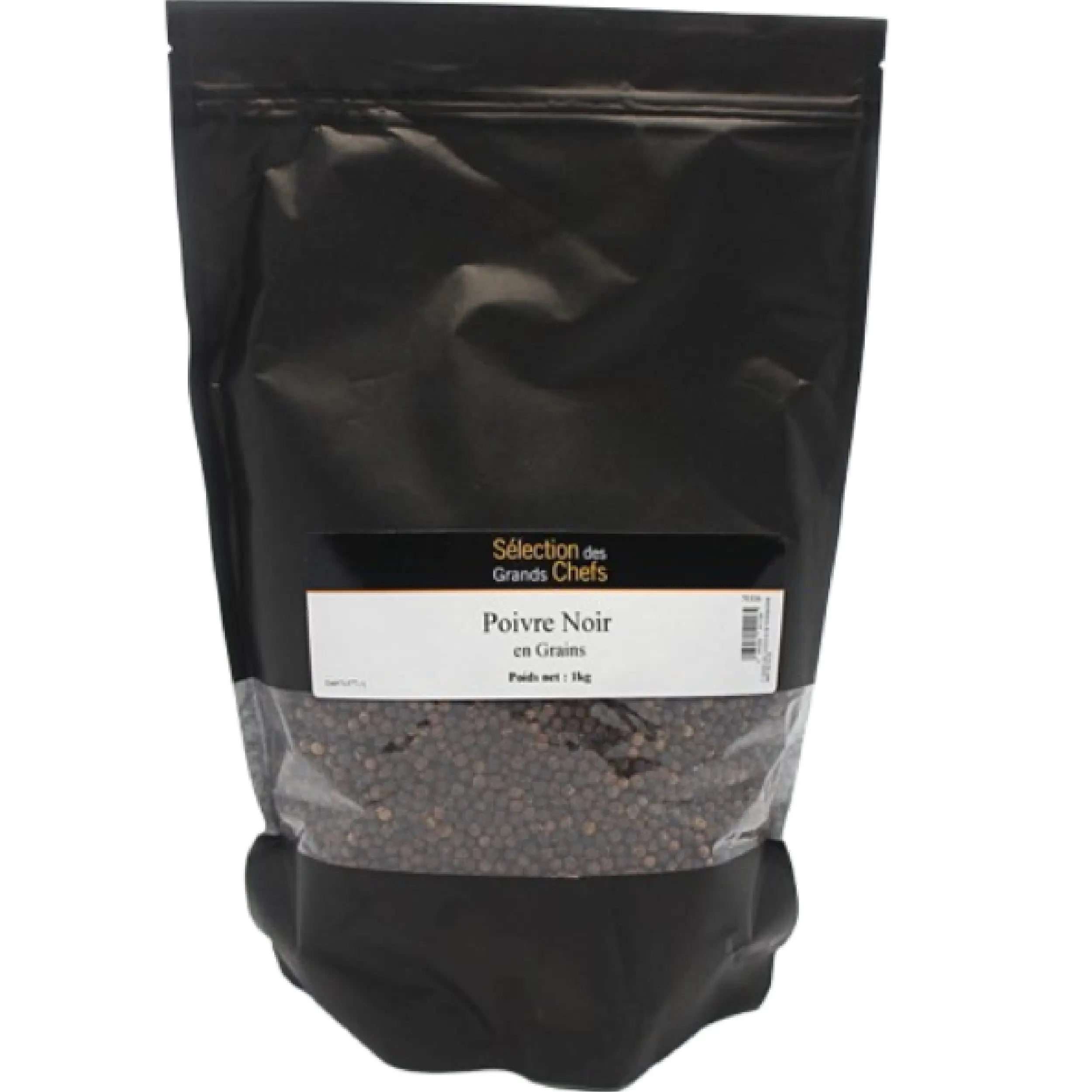 Bag of Black Peppercorns Sélection des Grands Chefs 1kg, premium whole black pepper with intense aroma and bold spicy flavor for gourmet cooking.