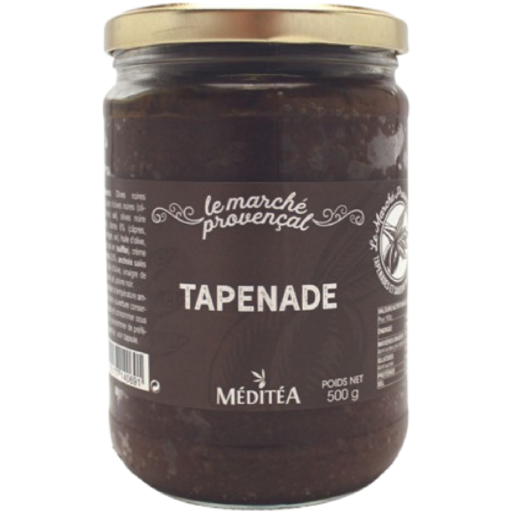 Jar of Black Tapenade Méditéa 500g, rich spread made from black olives, Mediterranean appetizer with smooth and savory texture.